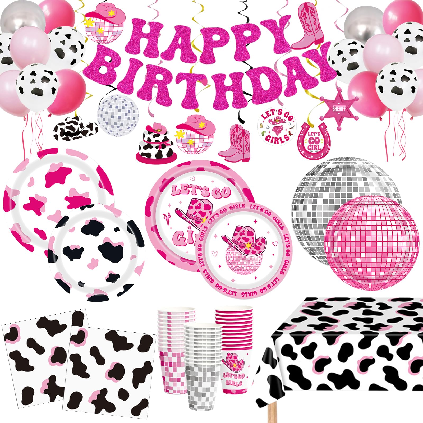 158 PCS Cowgirl Birthday Party Decorations Disco Cowgirl Party Supplies - Includes Plates, Napkins, Cups, Banner, Hanging Swirl, Tablecloth, Balloon