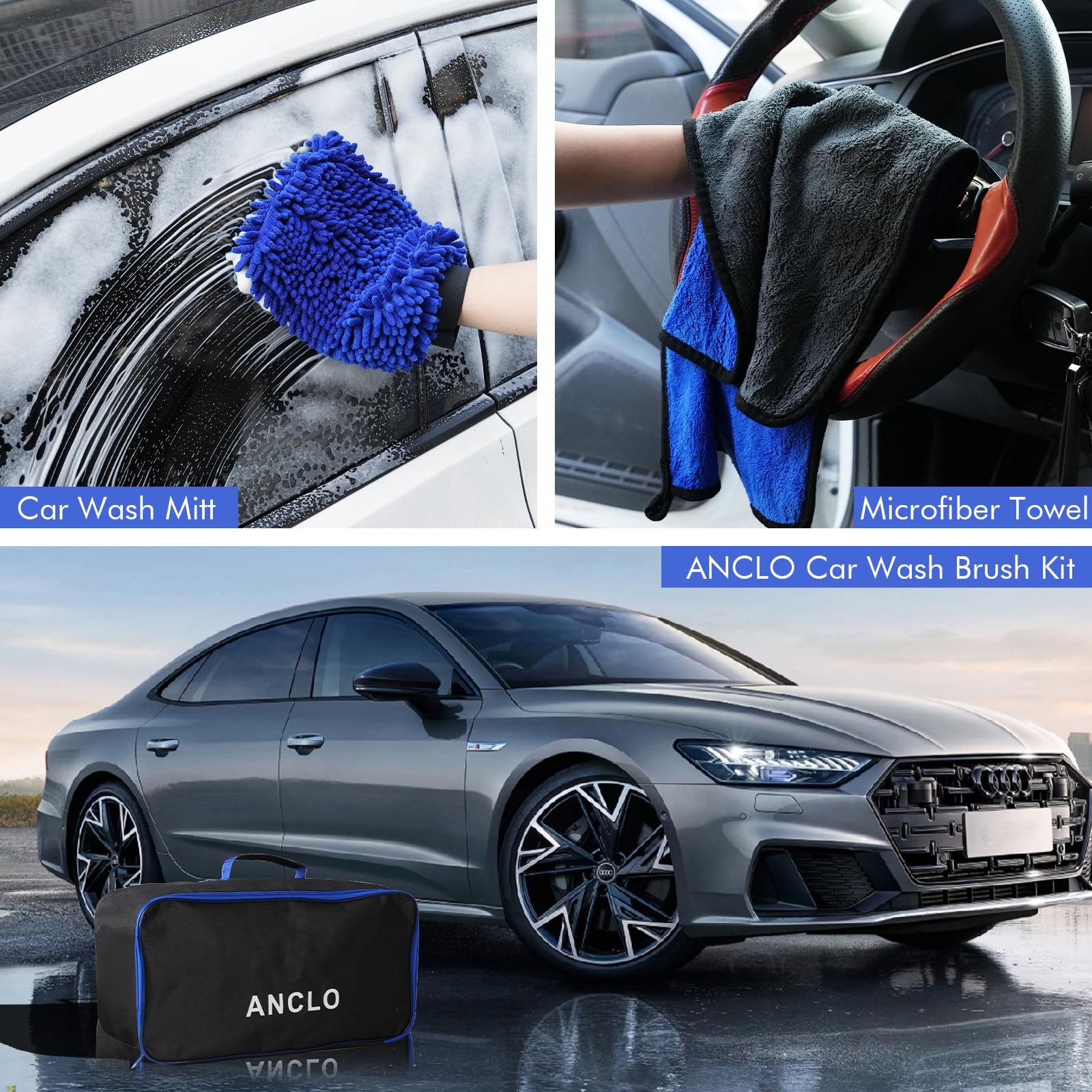 Cepillo de lavado de coche de 62 pulgadas con mango largo, kit de fregona de lavado de coche sin arañazos con cepillo para neumáticos de rueda, toalla de manopla, escobilla de parabrisas, kit de