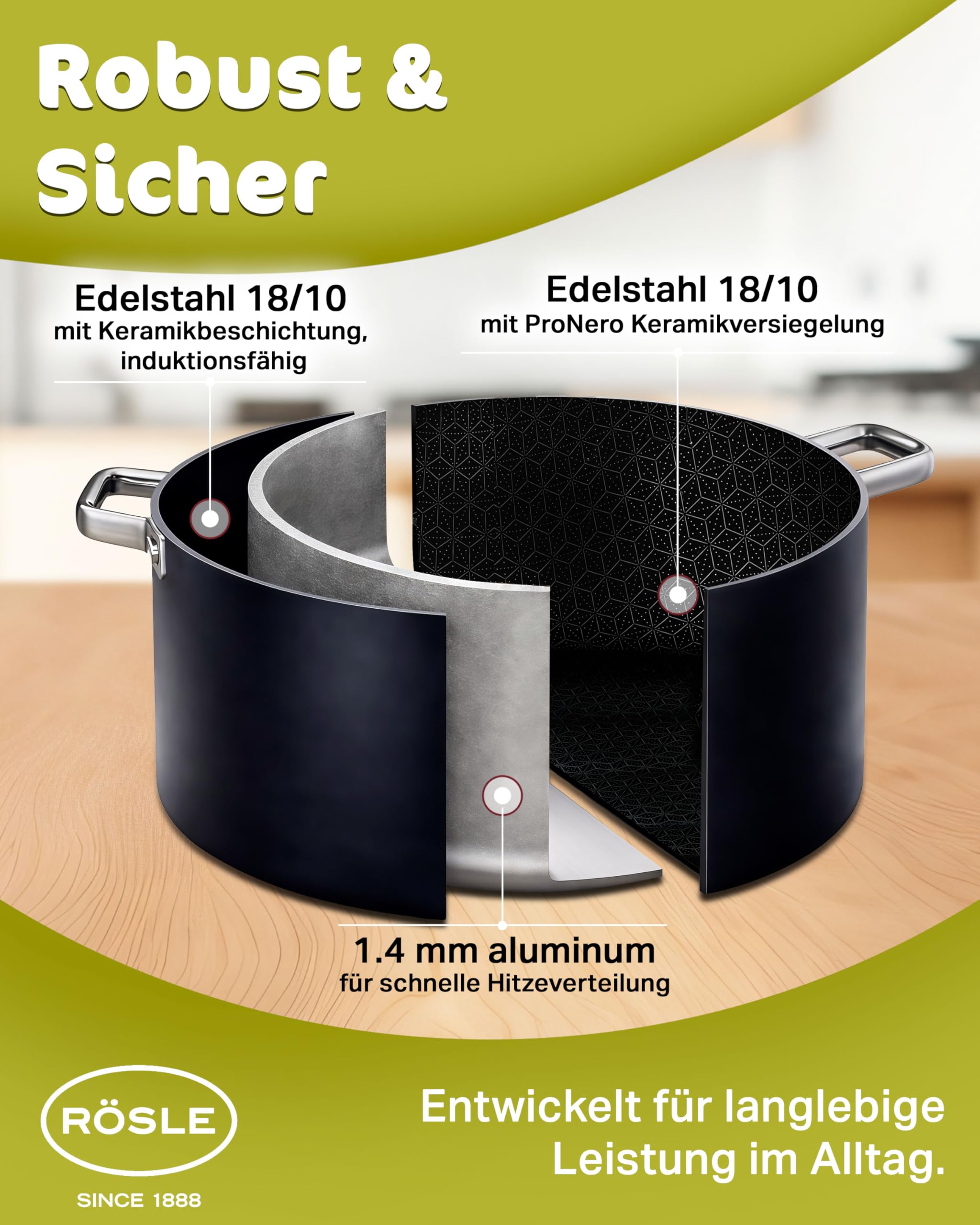 RÖSLE EBONIC Kochtopf 20 cm Induktion – Topf 20cm mit Deckel – ProNero Keramik Antihaftbeschichtung mit Edelstahl-Wabenstruktur – PFAS-frei – 3-Schicht Mehrschichtmaterial – für alle Herdarten