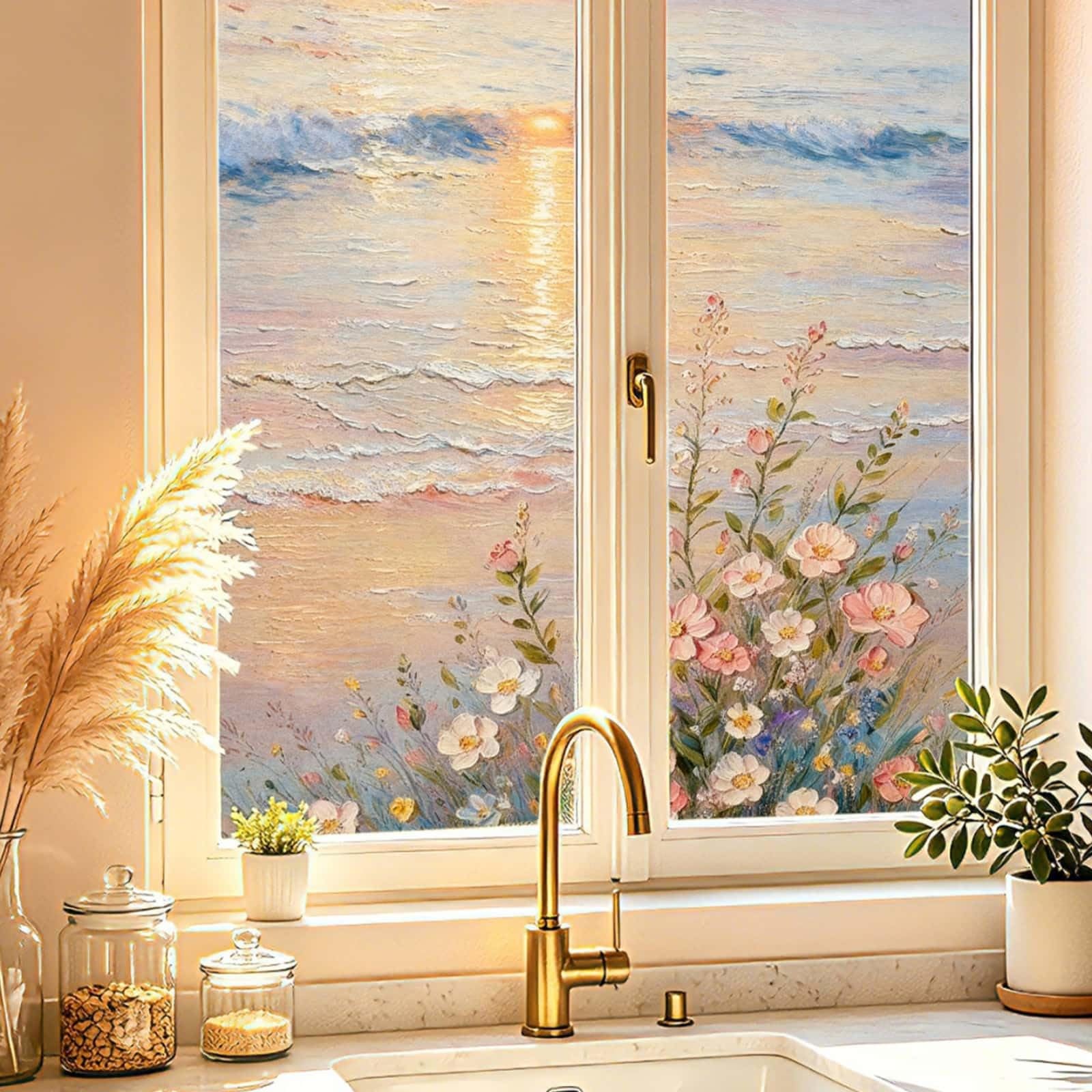 Vinilo Adhesivo Cristal Opaco Pintura Al Óleo Flores Vinilos para Cristales Privacidad Estatico Anti UV Reutilizable para Oficina Dormitorio Sala de Estar Vinilo para Ventanas