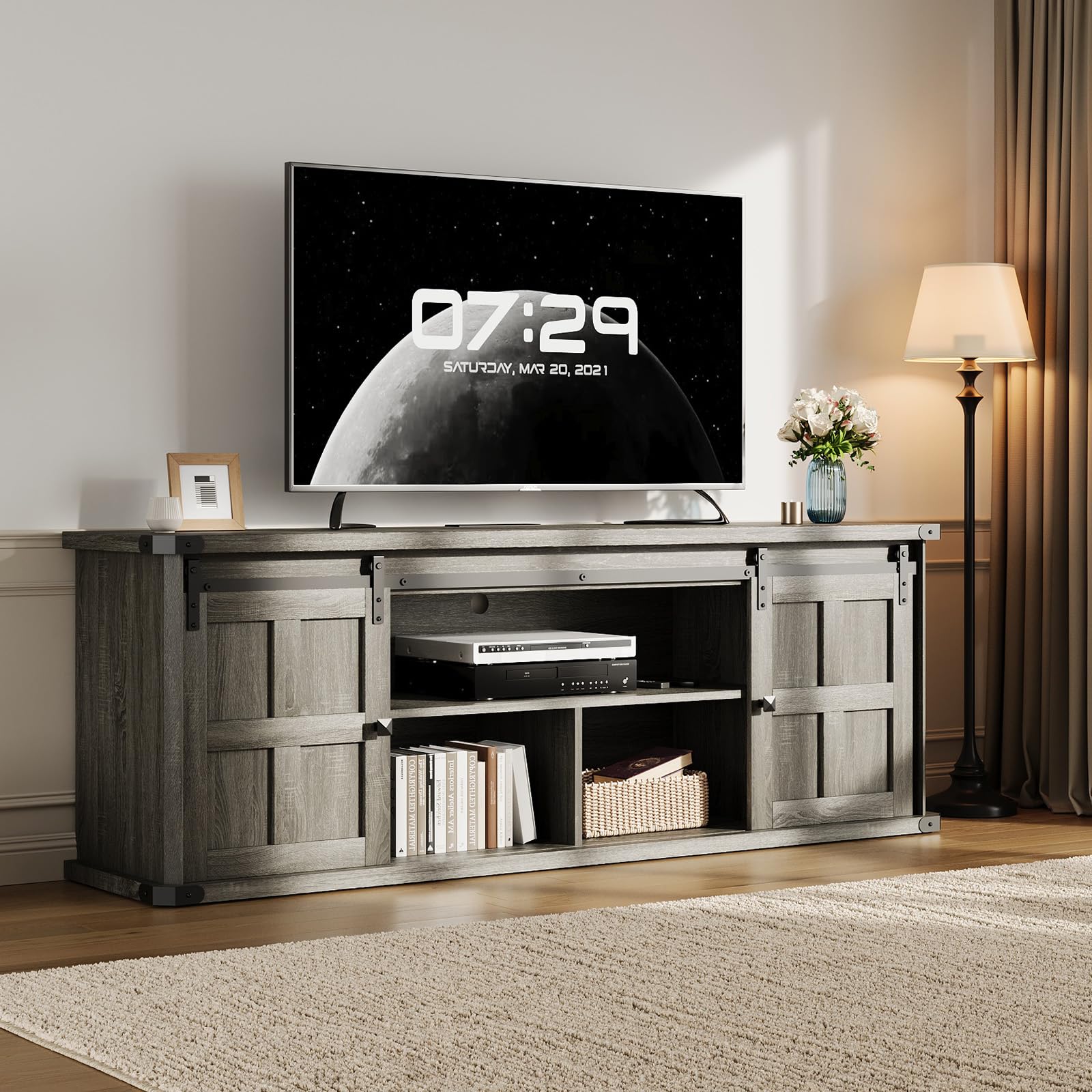 farmhouse tv stand for 75 inch tv, entertainment center with storage cabinets and sliding barn doors, media tv console table for living room bedroom