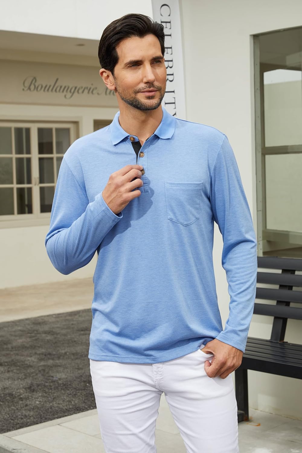 Men's Casual Polo Shirts Classic Button Basic Long Sleeve Shirt Solid Color Cotton Tees Stylish Tops - Image 2