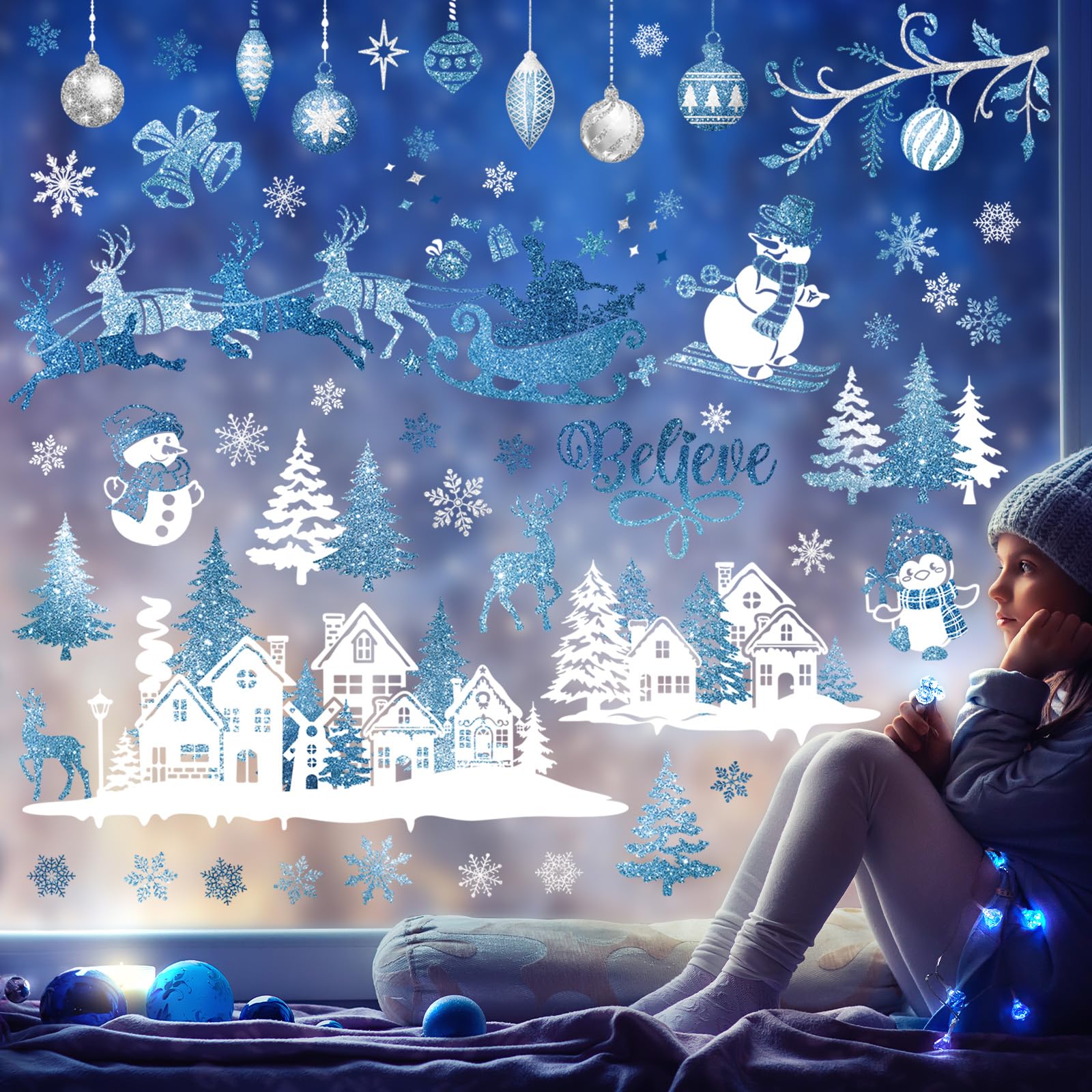 wondever Blue Christmas Snow House Window Clings Santa Claus Reindeer Snowman Penguin Glass Sticker Decal Anti Collision Double-Side Static Window Decals for Glass Window Christmas Party - Image 2