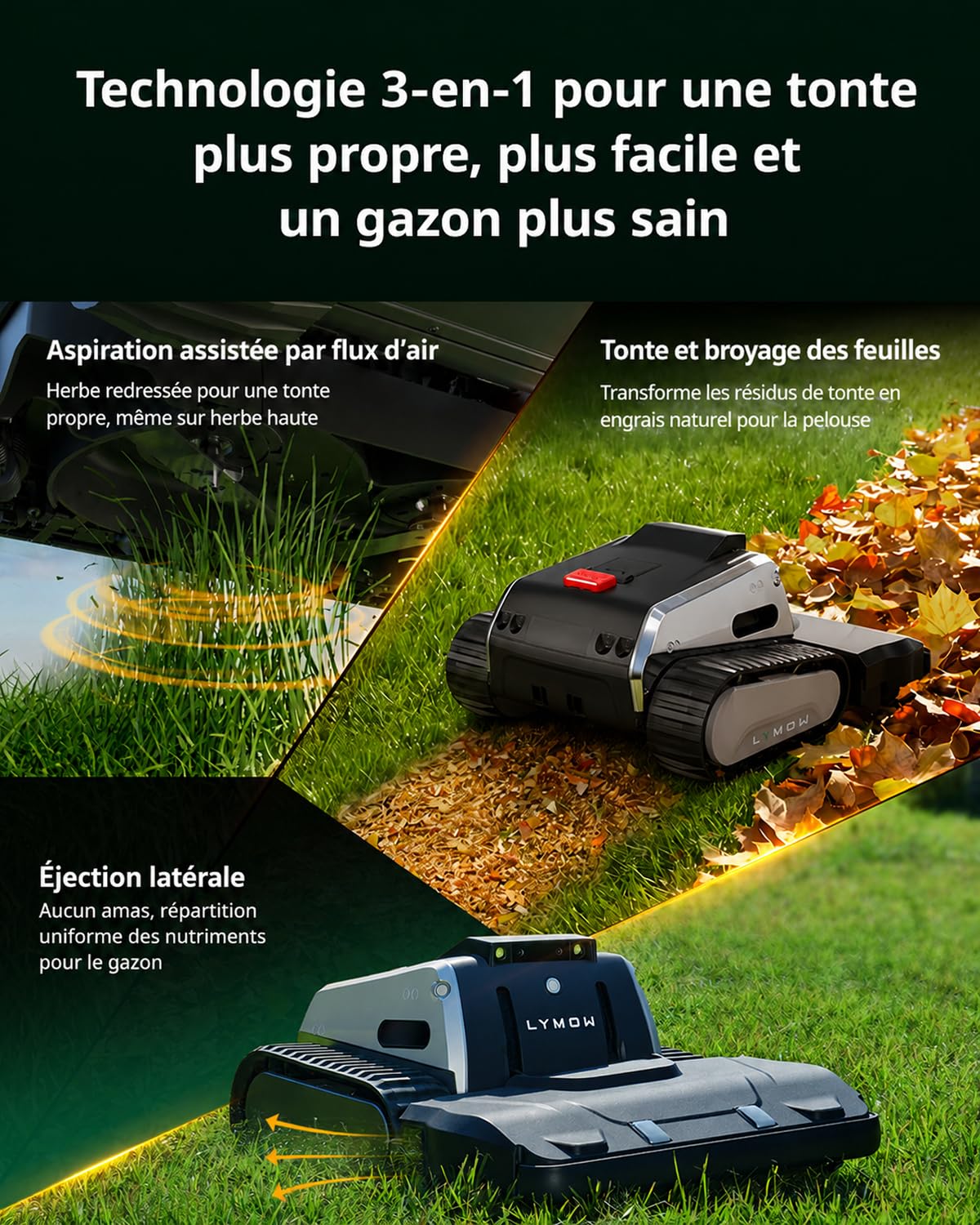 Lymow One Plus Robot Tondeuse Évitement d'obstacles IA, Pentes 45°, Double Lame Rotative SK5, Hauteur de Coupe 30-100 mm, RTK+VSLAM, pour 7000 ㎡, Gestion 80 Zones, App Control
