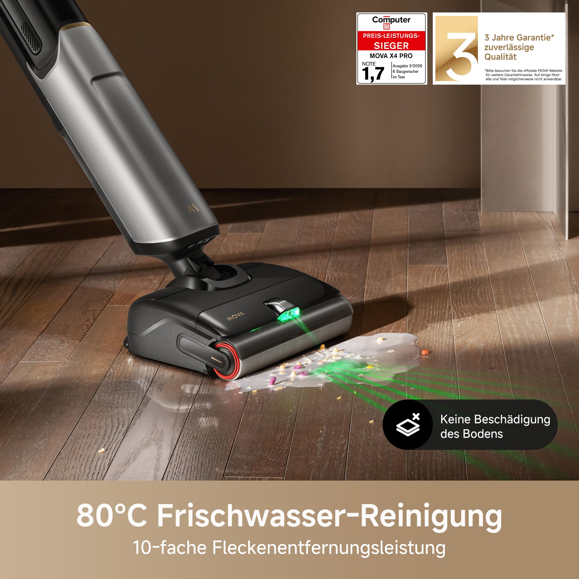Mova X4 Pro Nass-Trocken-Sauger 20.000 Pa, Heißwasser-Wischfunktion, Tangle-Free, Selbstreinigung bei 100 °C, Push-In-Basisstation, LED-Bürstenkopf, Doppelkante, intelligente Saugkraftregelung