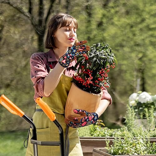 Miniatura 4 de Bamllum Guantes de cuero para jardinería para mujer, guantes de trabajo para deshierbe, excavación, plantación, rastrillo y poda