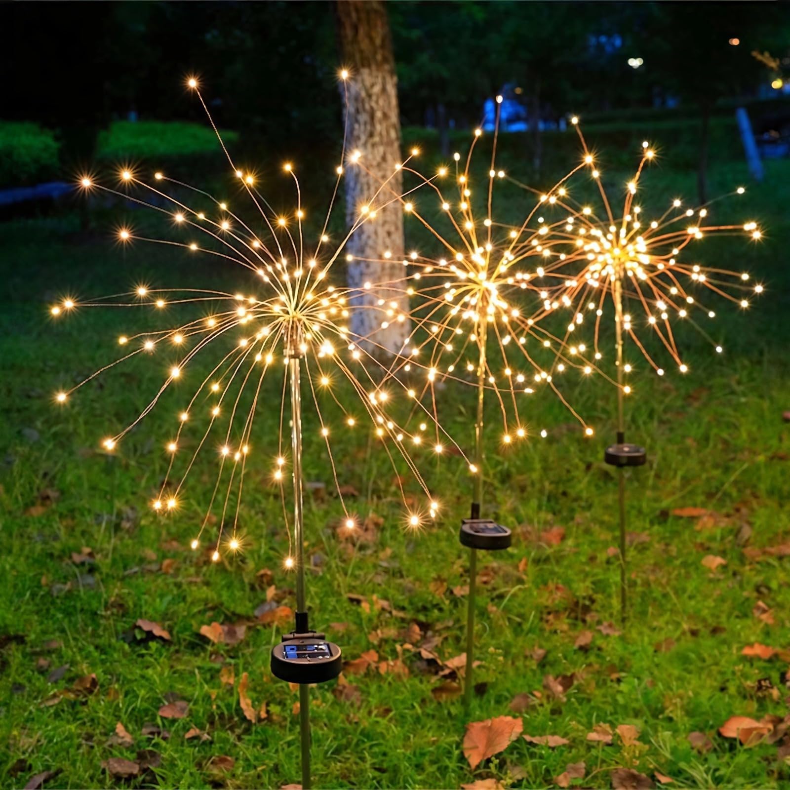4 sztuki lamp solarnych do trawnika, dmuchawca, miedzianego drutu, lampki dekoracyjne na zewnątrz, wodoodporne solarne fajerwerki z drążkiem ze stali nierdzewnej, dwa tryby, 150 diod LED, ciepłe