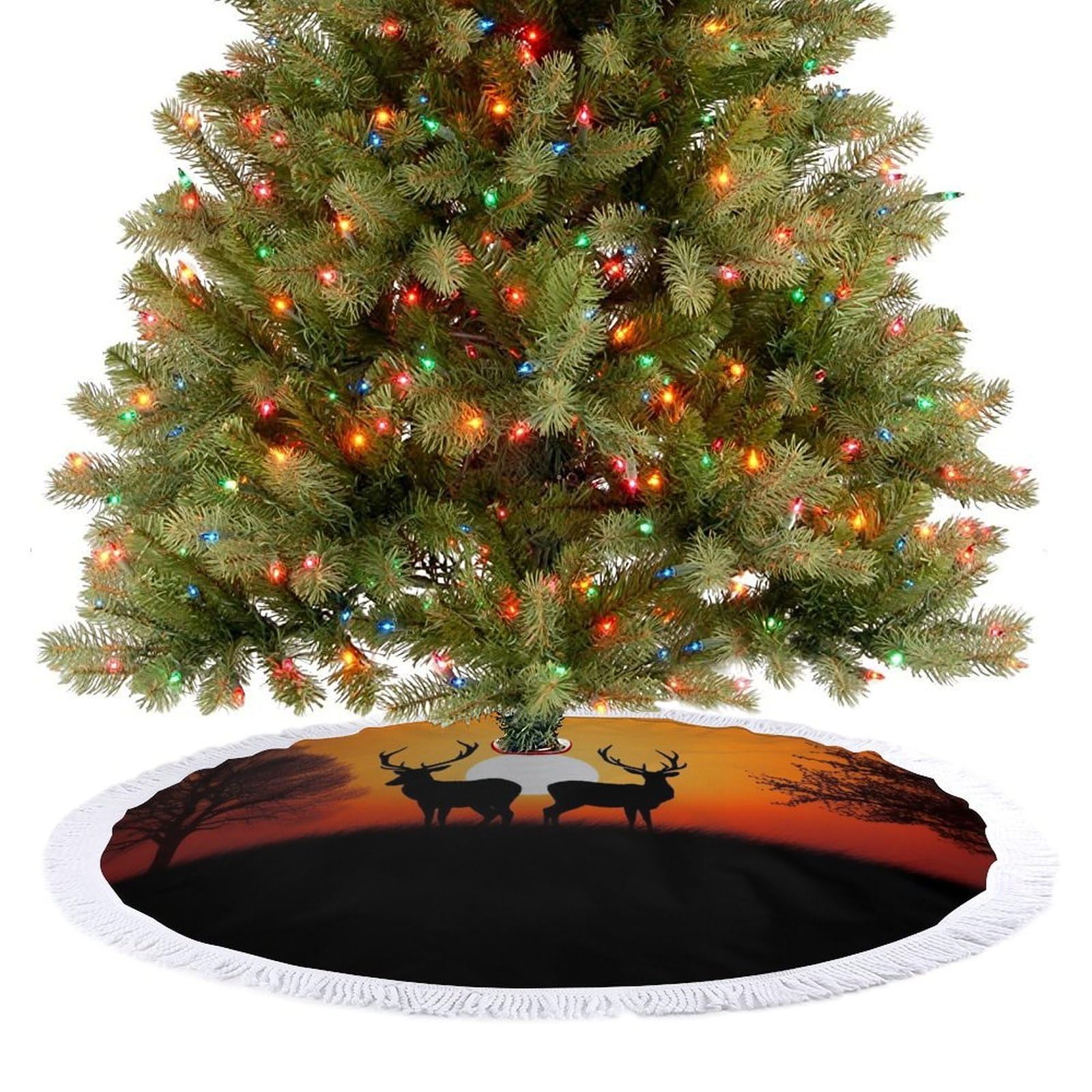 Nature Sunset Deer Christmas Tree Skirt 30"x30" Rustic Xmas Tree Mat with Tassel Ornament Christmas Trees Cover Skirt Mat for Evergreen Trees Ornament Winter Holiday Mats Decorations