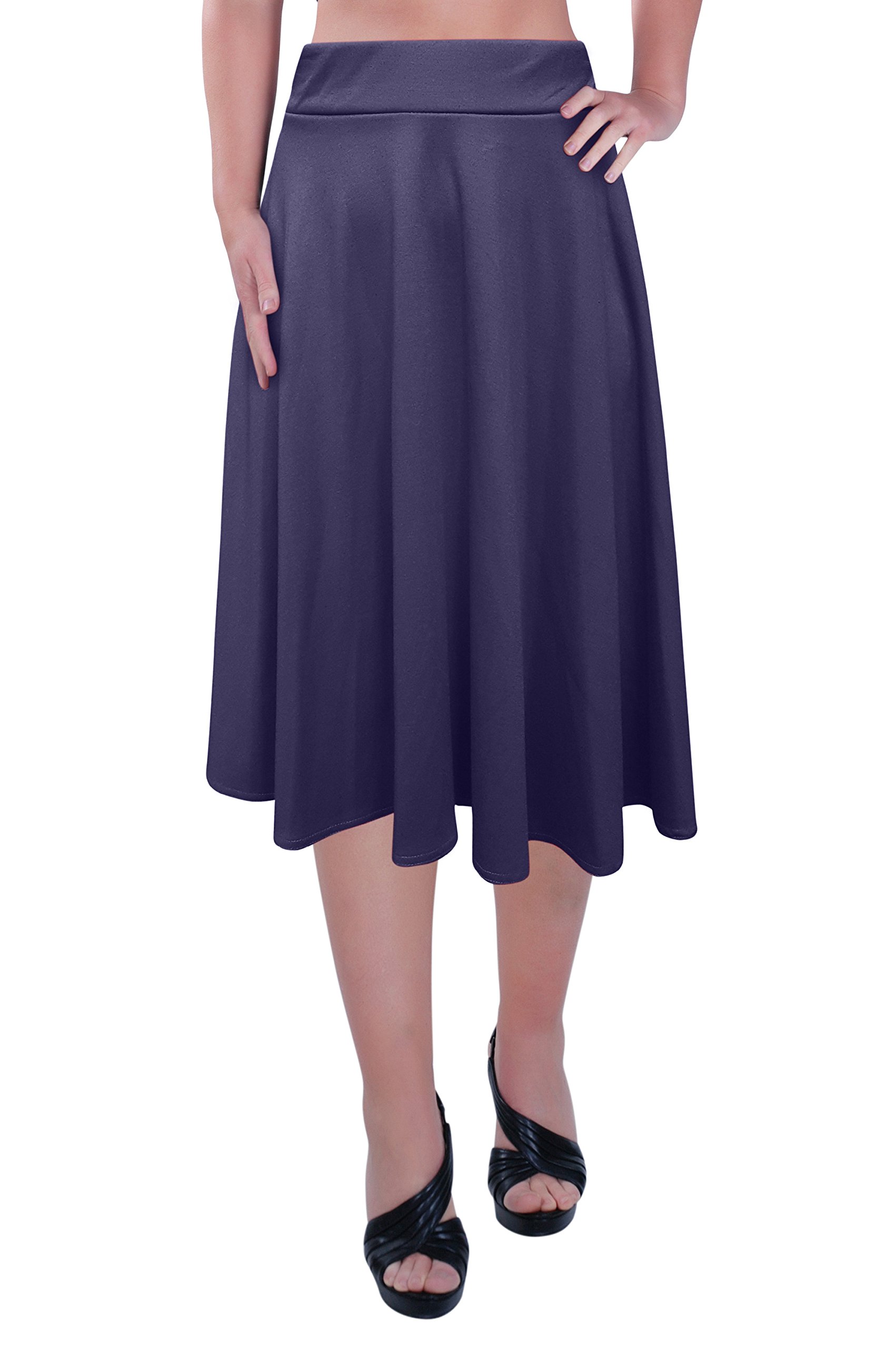 Eye Catch Women's Navy - Plus Size Elastic Waist Knee Length Plain Skater Flared Skirt Sizes