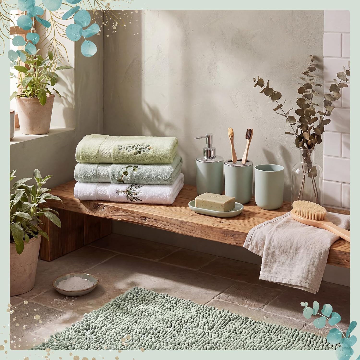 Remagr 8 Pcs Sage Green Bathroom Accessories Set Includes Soap Dispenser Toothbrush Holder Toothbrush Cup Soap Dish Eucalyptus Leaves Towels and 20" x 32" Anti-Slip Bathroom Rugs for Home Decor