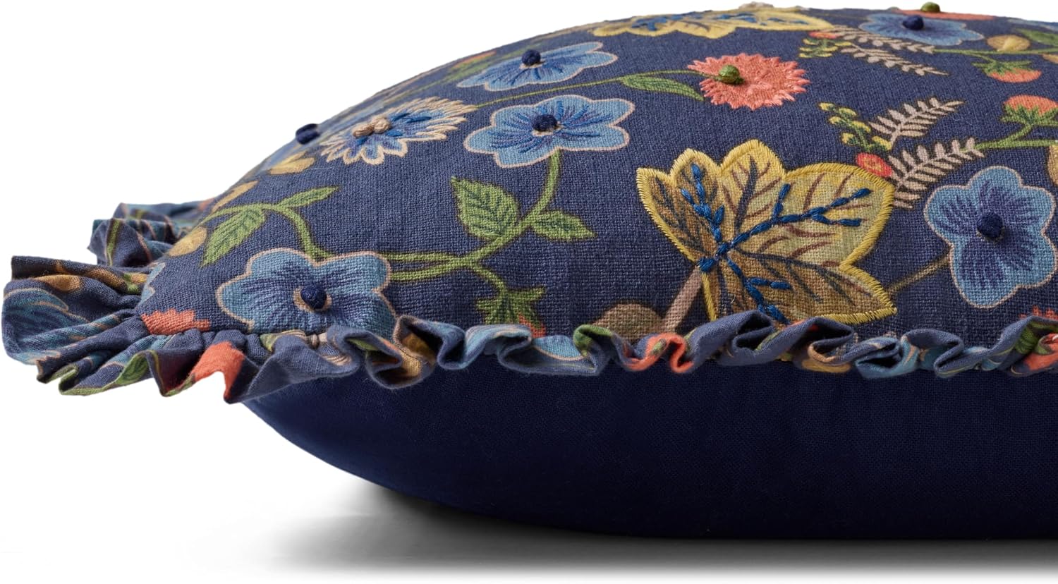 Loloi Rifle Paper Co. Maple Collection PRP0071 Blue/Multi 18'' x 18'' Cover Only Pillow Embroidered, Floral, Throw, Decorative, Farmhouse, Décor