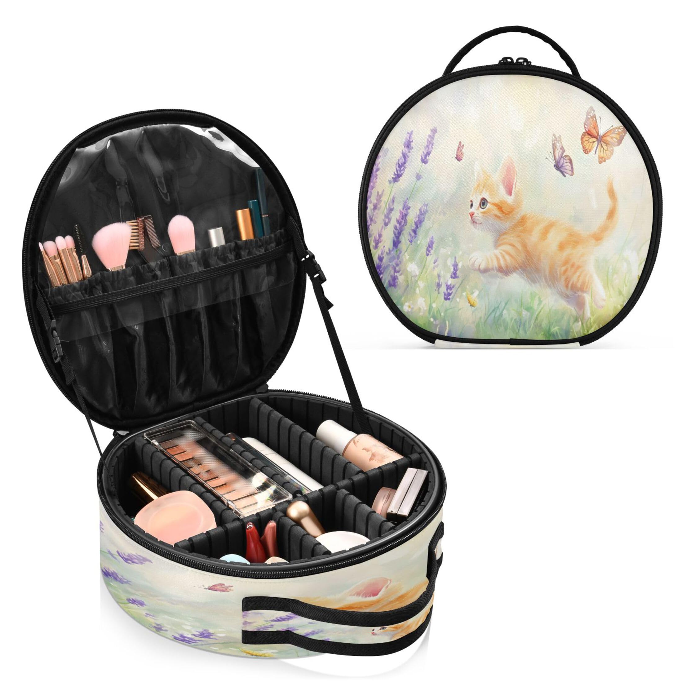 Takiito Kitten Chasing Butterflies in Lavender Travel Makeup Case Portable Makeup Box Artist Cosmetic Case Organizer With Adjustable Dividers