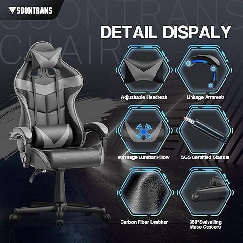 Miniatura 4 de Soontrans Silla roja para juegos, silla de computadora con soporte lumbar de masaje y reposacabezas, silla de escritorio de ajuste de altura con