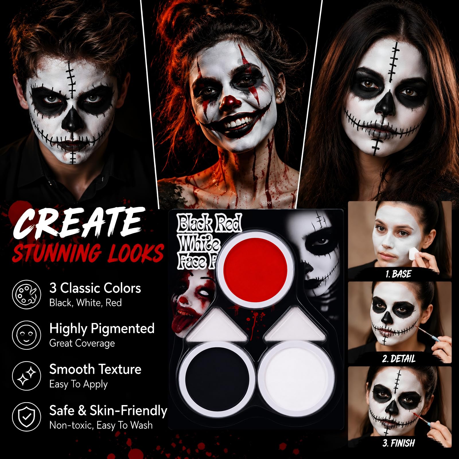 Czarny + biały + czerwona farba do twarzy i ciała, na Halloween, biało-czarno-czerwona, zestaw do makijażu twarzy i ciała, Cosplay SFX zestaw do makijażu na Halloween, szkielet, czaszka, klaun, wampir
