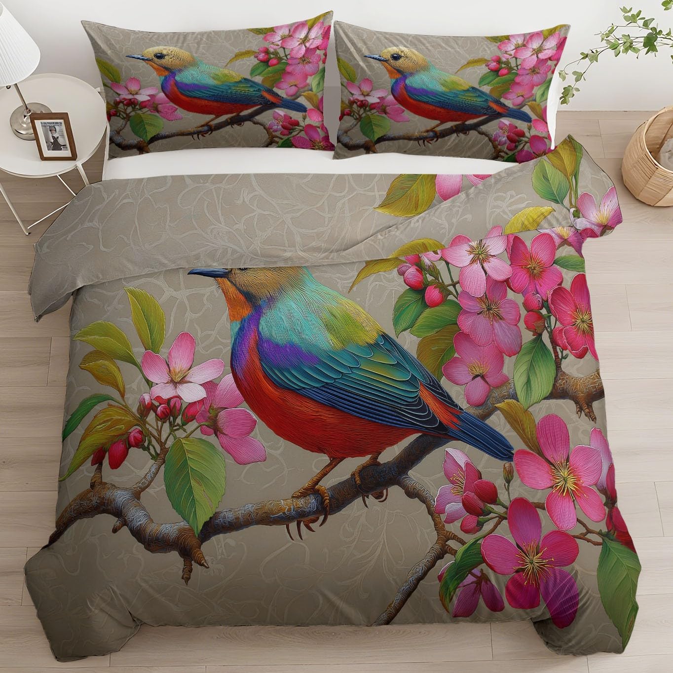 Housse de couette 240x260 fermeture éclair fini les plis parure lit beige oiseaux microfibre