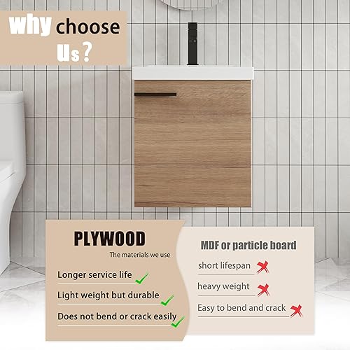 Miniatura 3 de Tocador de baño de 18 pulgadas con fregadero, tocador de baño flotante de 18 pulgadas para espacios pequeños, tocador de baño de un solo lavabo,