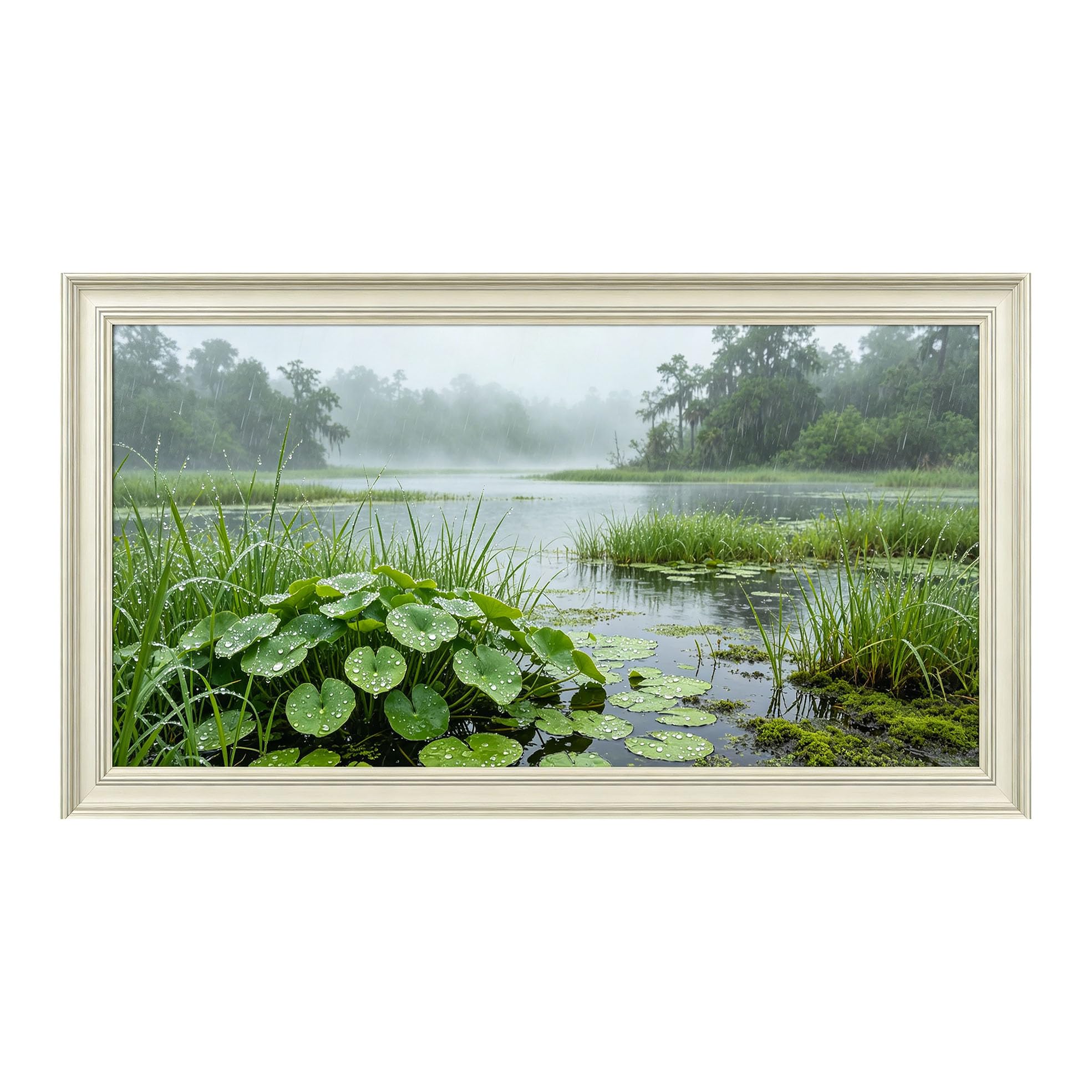 Yzpallescene 3D Framed Wall Art 50cm×100cm Misty Lake Waterfall Rain Forest Landscape Realistic Panoramic Large Size SelfAdhesive Removable Wall Decor Prints Artwork for Living Room Bedroom Office