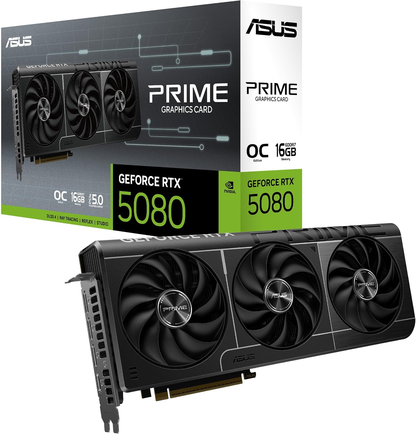 PRIME RTX5080 OC EVO, Scheda Grafica 16GB GDDR7 Nera, NVIDIA GeForce | 256 Bit, PCIe 5.0, 1 HDMI, 3 DisplayPort, Software GPU Tweak III, PRIME-RTX5080-O16G-EVO