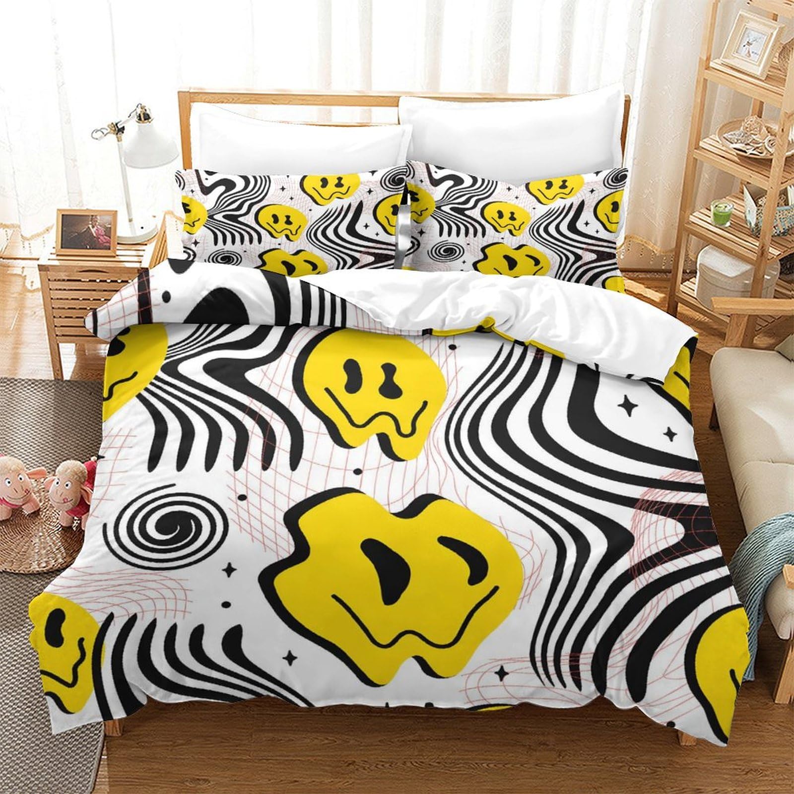 LIAOHENKAN Melt Psychedelic Smiley Comforter Set Bedding Set Decor Comforter Cover Duvet Cover Set Bedroom Quilt Set 3Pcs All Season Bedding with Zipper Closure Super King（260x220cm）