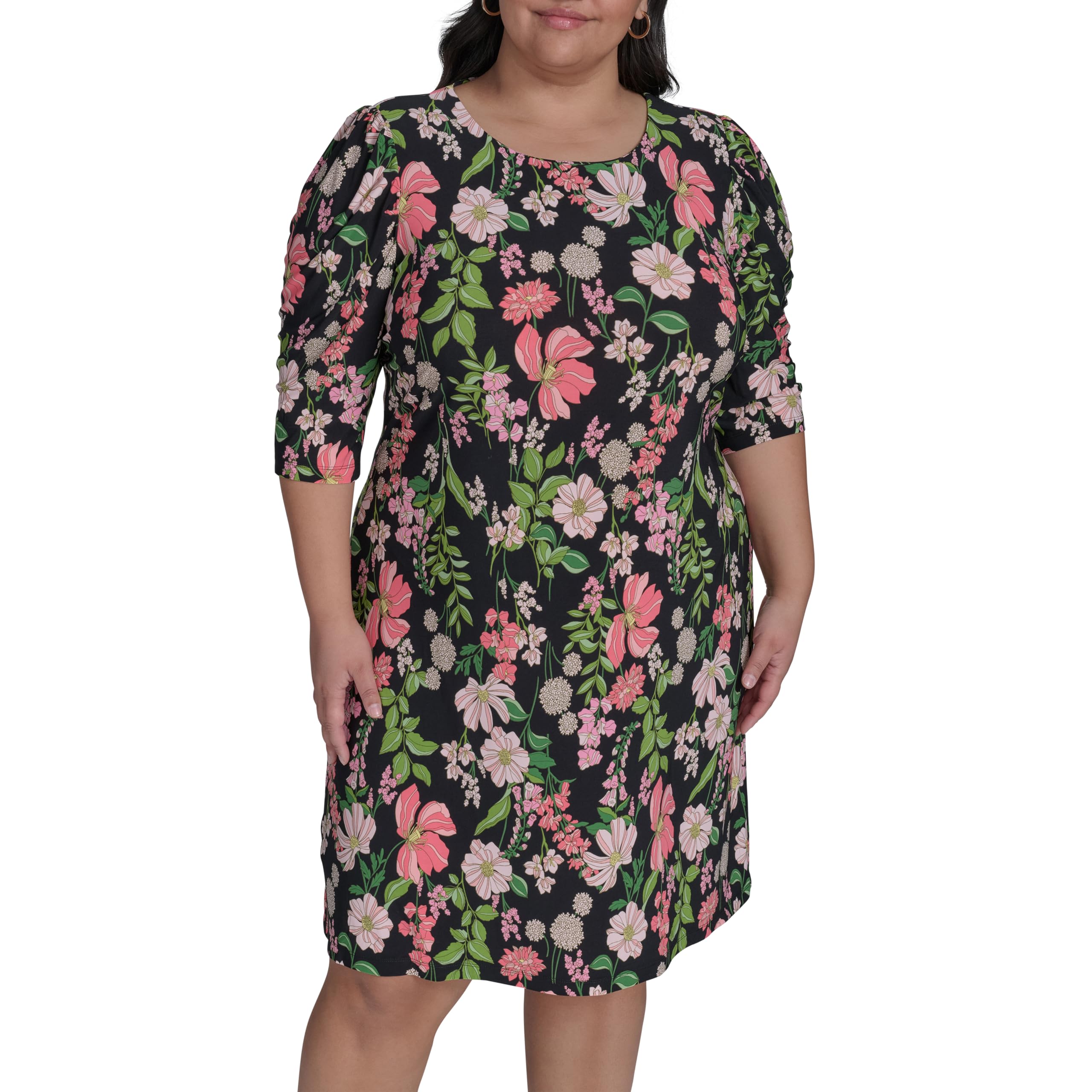 Tommy Hilfiger Women's Short Ruched Sleeve Boat Neck Shift Mini Dress