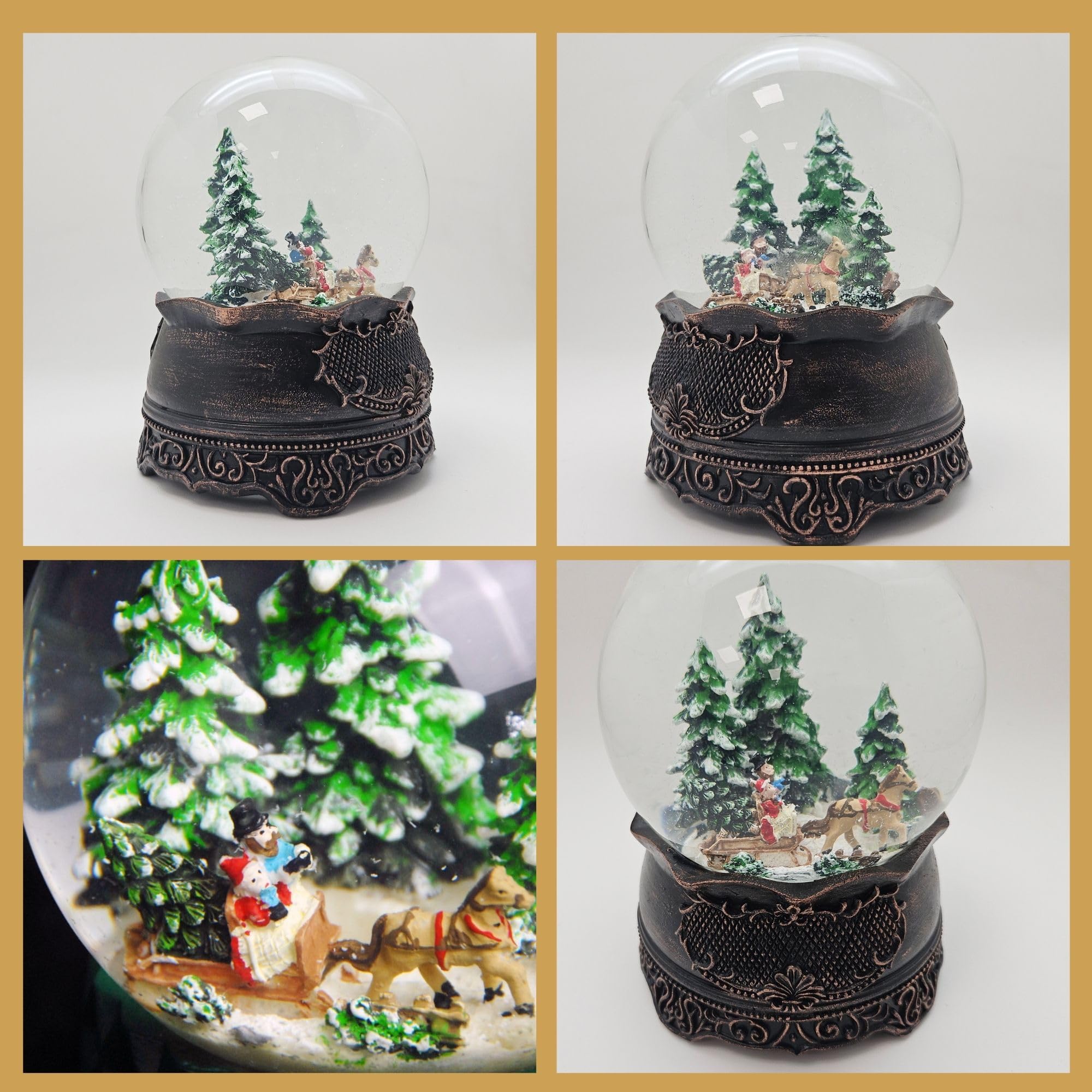Bola de nieve musical Navidad | Carruaje en trineo | Base de estaño adornos | con música | Bola de agitación decoración navideña | B: 10 cm x H: 14 cm | 20312