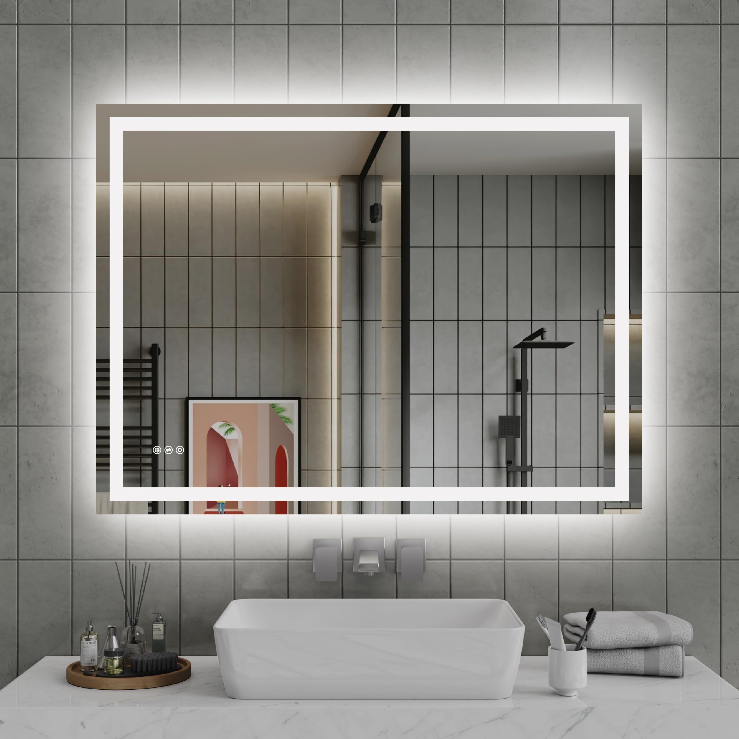 ImageYou 48X36 Inch LED Bathroom Mirror with Lights, Dimmable, Anti-Fog, Front Lit, Lighted Vanity Mirror for Wall, Sand Matte White Finish, High-Definition Waterproof Glass, Memory Function