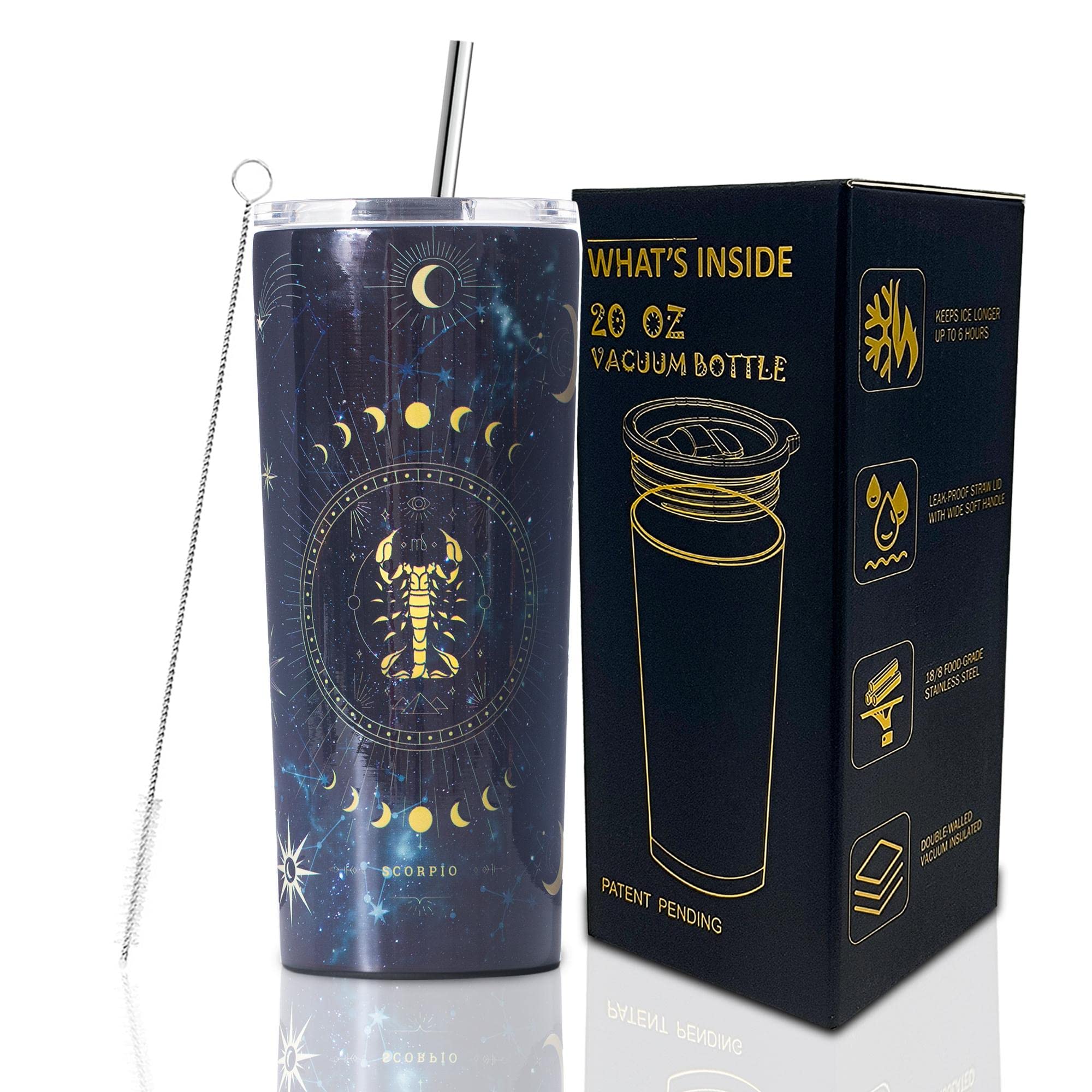 Scorpio Zodiac Gifts for Women - 20oz Stainless Steel Coffee Tumbler, Insulated for Hot & Cold Drinks with Straw & Brush Birthday Gift Scorpio - Hand Wash Only