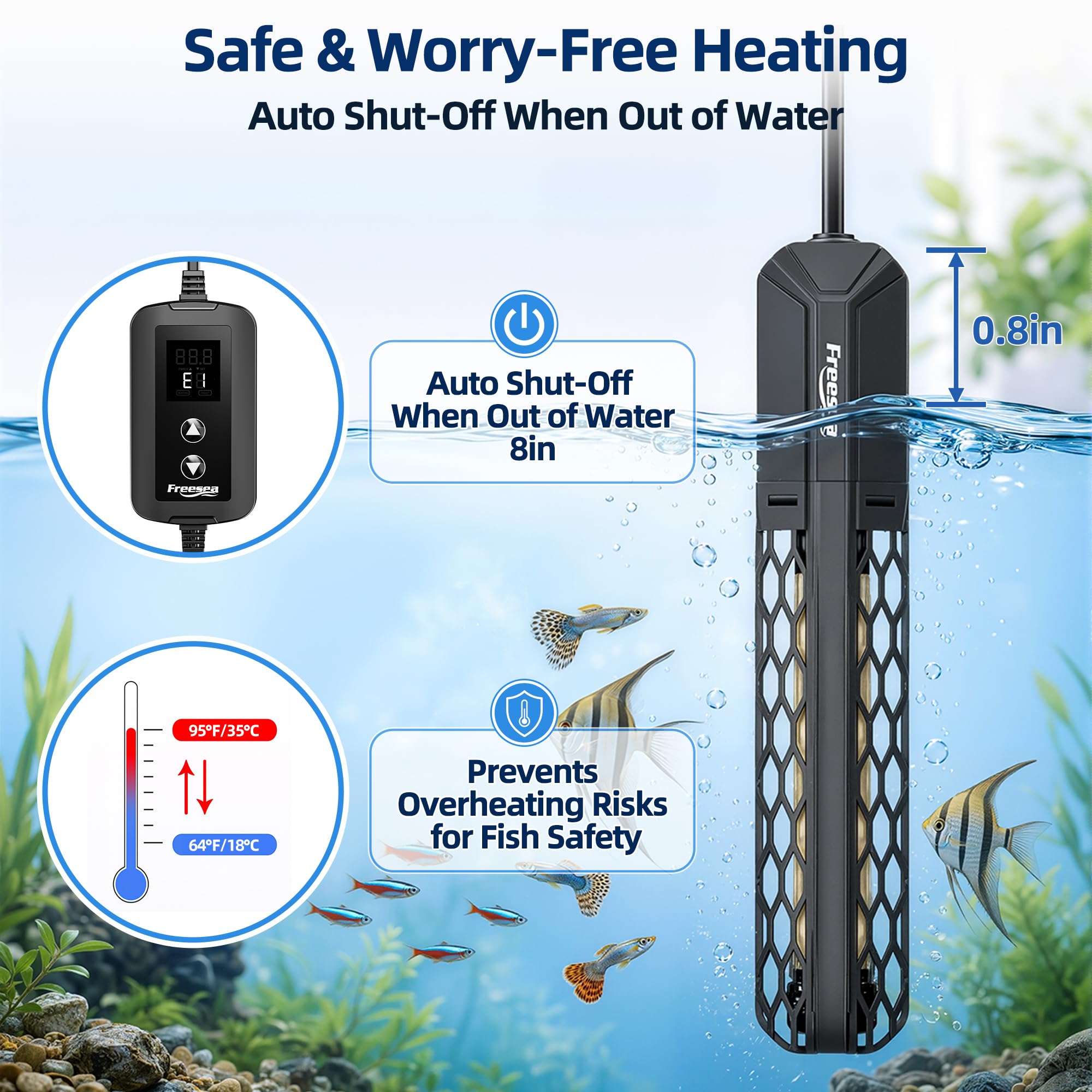 FREESEA Chauffage d'aquarium pour aquarium : 100 W/200 W/300 W/500 W - Chauffage submersible pour aquarium avec protection contre la surchauffe et hors de l'eau pour eau salée et eau douce 20
