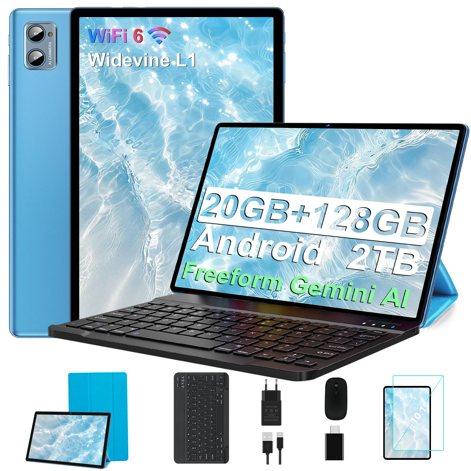 SUAAT Tablet Android 20GB RAM+128GB ROM(2TB TF), 10 Pollici,Octa-Core,WiFi6, 2Ghz, Widevine L1, Bluetooth 5.0, GMS,5MP + 8MP, Type-C, OTG, Cast,Tastiera e Mouse, Blue