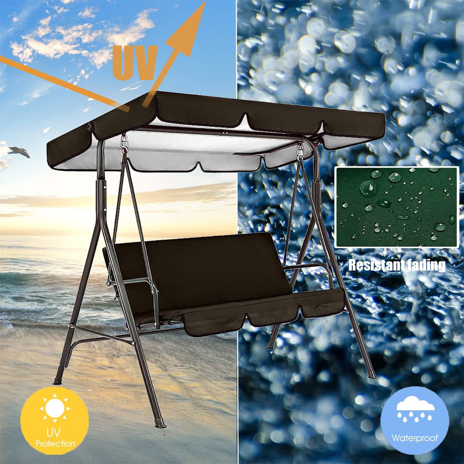 Toldo Recambio Balancin de Jardin con Cubierta Asiento 2/3 Plazas, Techo y Asiento de Repuesto para Columpio Jardín, Telas para Toldos Universal, Recubrimiento de PU Imp(Size:195x125x15cm,Color:Gris)