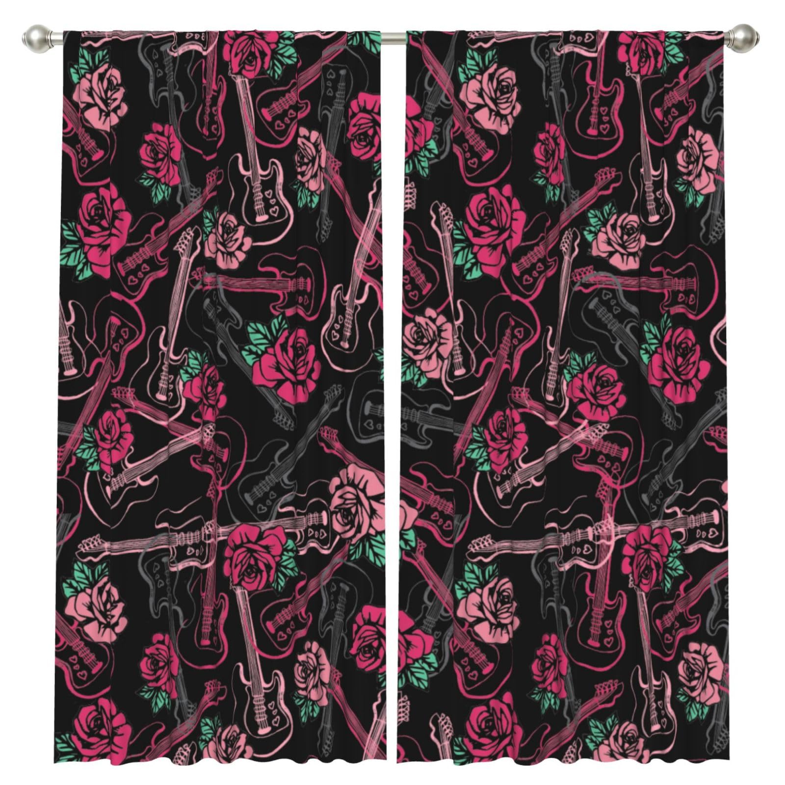 InOmak Guitar And Rose, 2 Panels Window Curtains 52 x 84 Inch Blackout Curtains for Living Room Bedroom