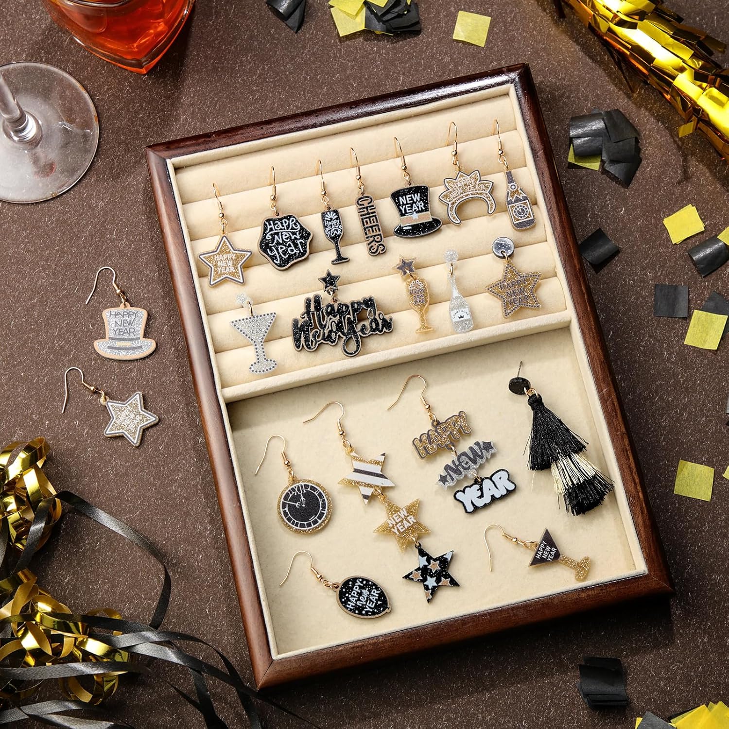 Remuuly 24 Pairs Happy New Year Earring for Women Champagne Bottle Glitter Star Hat Clock Dangle Earrings Holiday Jewelry Gifts for Festive Party Jewelry Gifts - Image 6