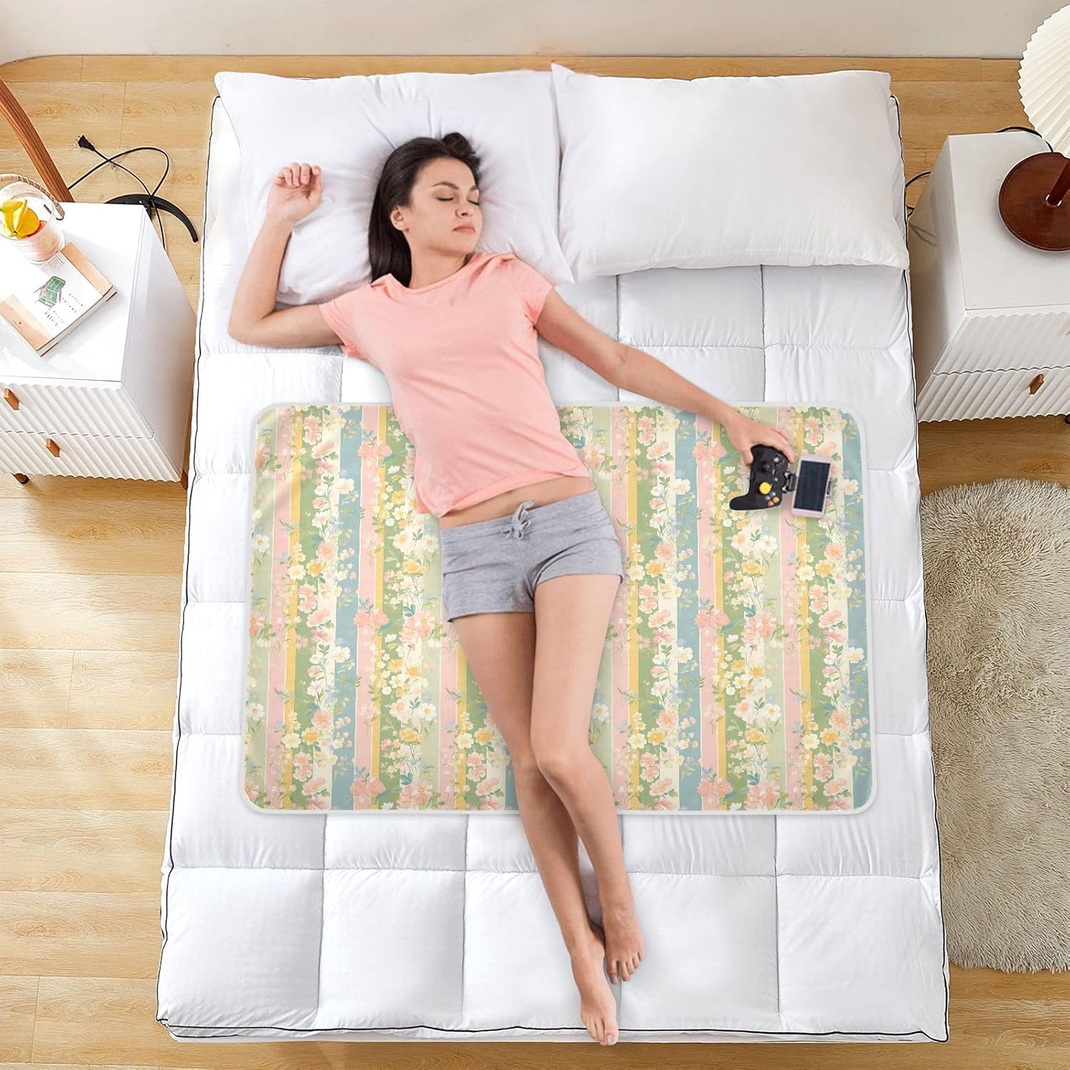 Pink Green Stripe Pattern with Flowers Extra Large Resuable Toddler Mattress Pads Highly Absorbent Underpads Wetting Cover Changing Travel Mattress for Baby Boys Girls , 52" L x 34" W