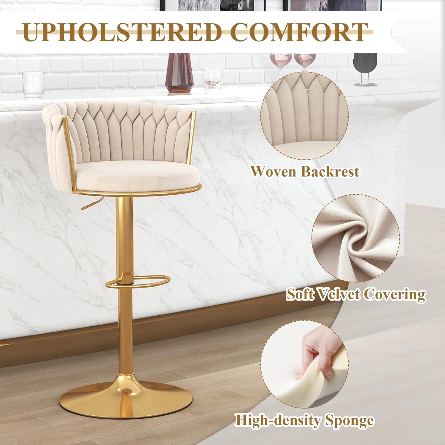 ABET Gold Bar Stool Set of 2, Velvet Swivel Barstools, Height Adjustable Counter Stools with Woven Backrest, Upholstered Modern Luxury Kitchen Stools with Footrest for Cafe, Pub, Beige