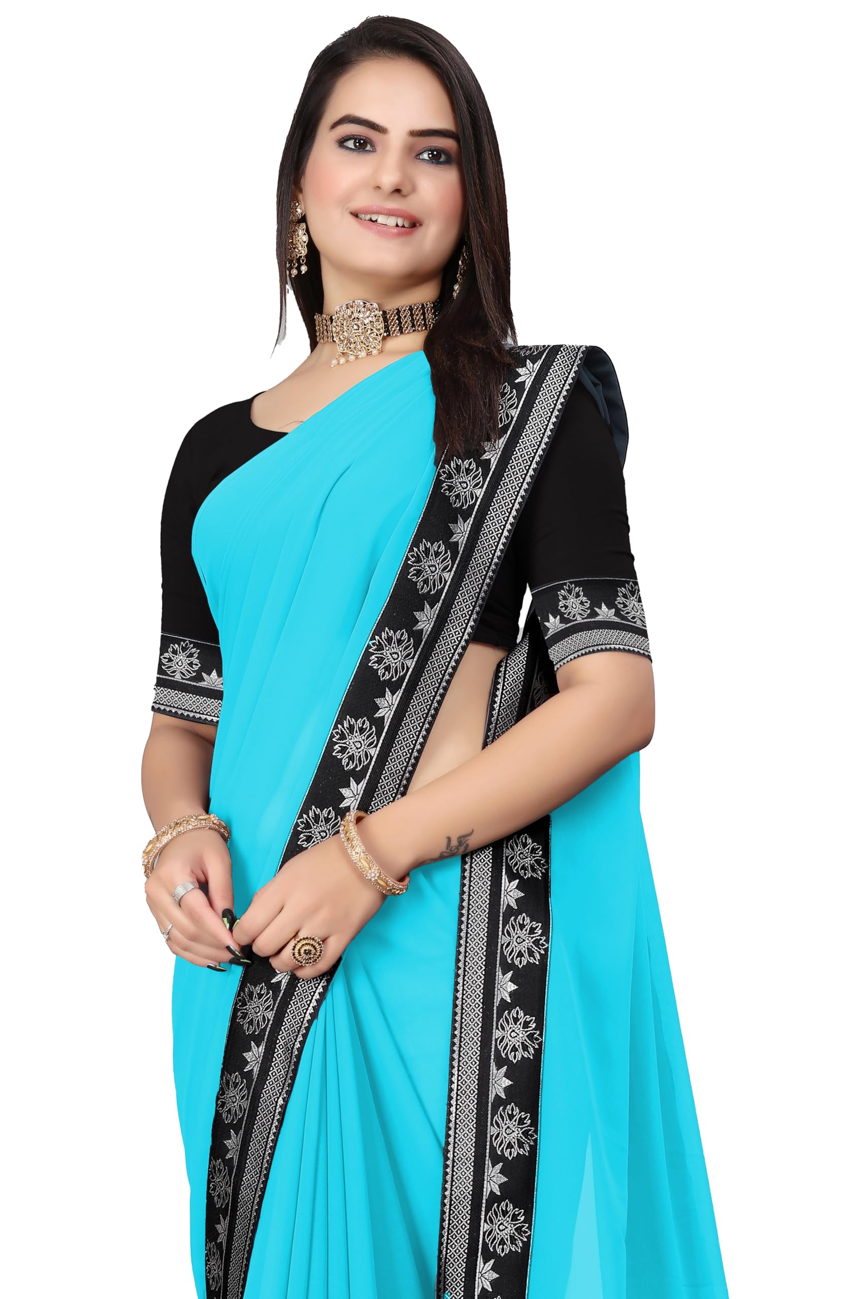 aai shree khodiyar Women's Solid Plain Georgette Saree | Fancy Lace Border Work Saree for Farewell, Wedding & Occasions-picture-38