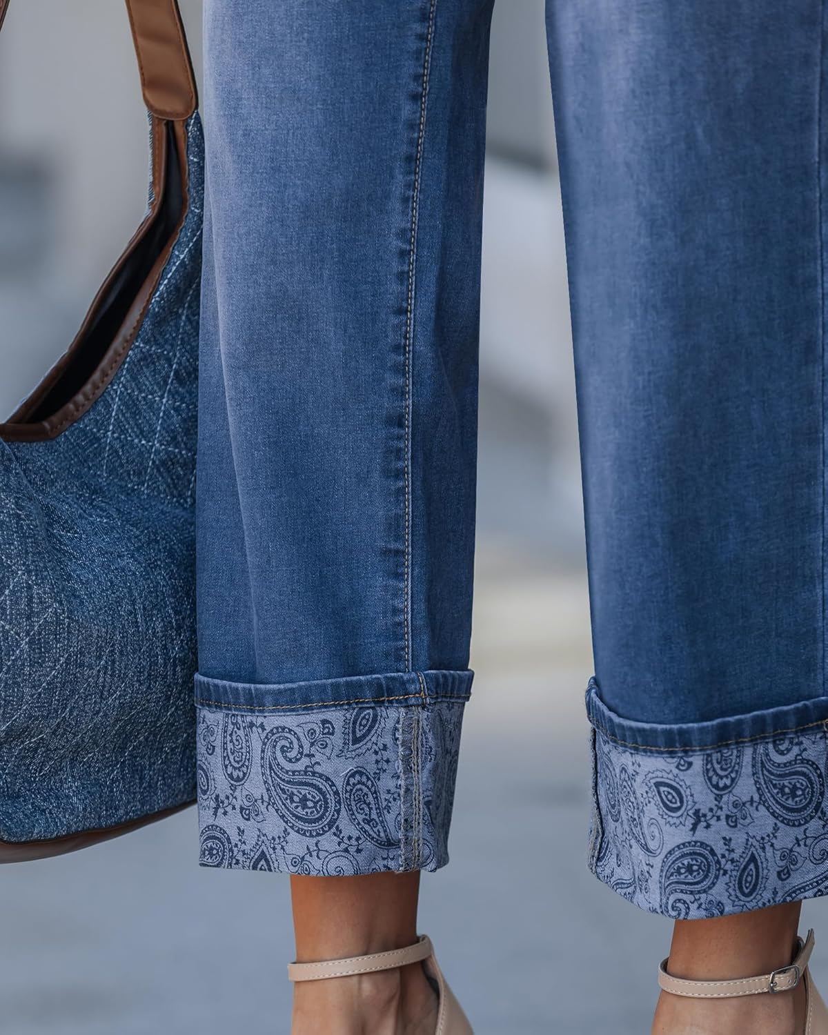 GRAPENT Wide Leg Jeans for Women Trendy Cropped High Waisted Printed Fold Hem Loose Straight Leg Stretchy Denim Pants - Image 4