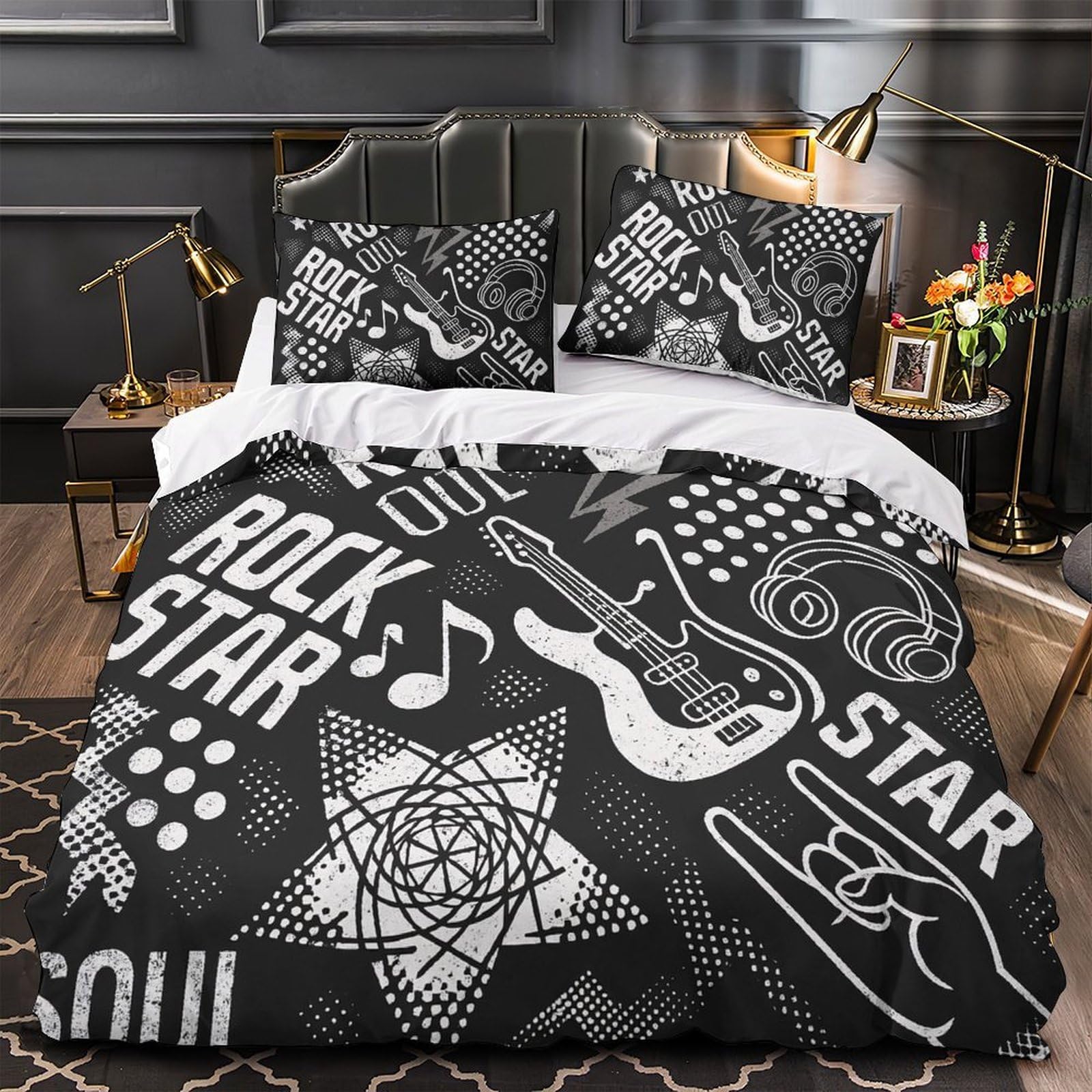 Set Copripiumino Microfibra Stampa 3D Tema Musica Rock Biancheria da Letto Decorazione Camera Morbido Traspirante per Casa Super king（260x220cm）