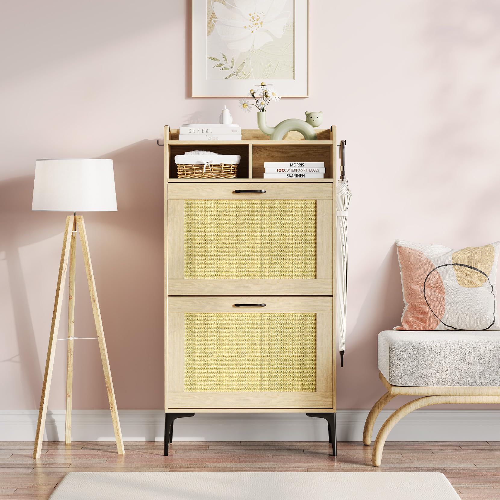 Dripex Schuhschrank schmal, Schuhkipper mit Rattan-Dekor, 2 Flip-Schubladen,Schuhregal schmal mit Metallfüßen, verstellbaren Fächern für den Eingang, Flur und Wohnzimmer, 60x24x114cm