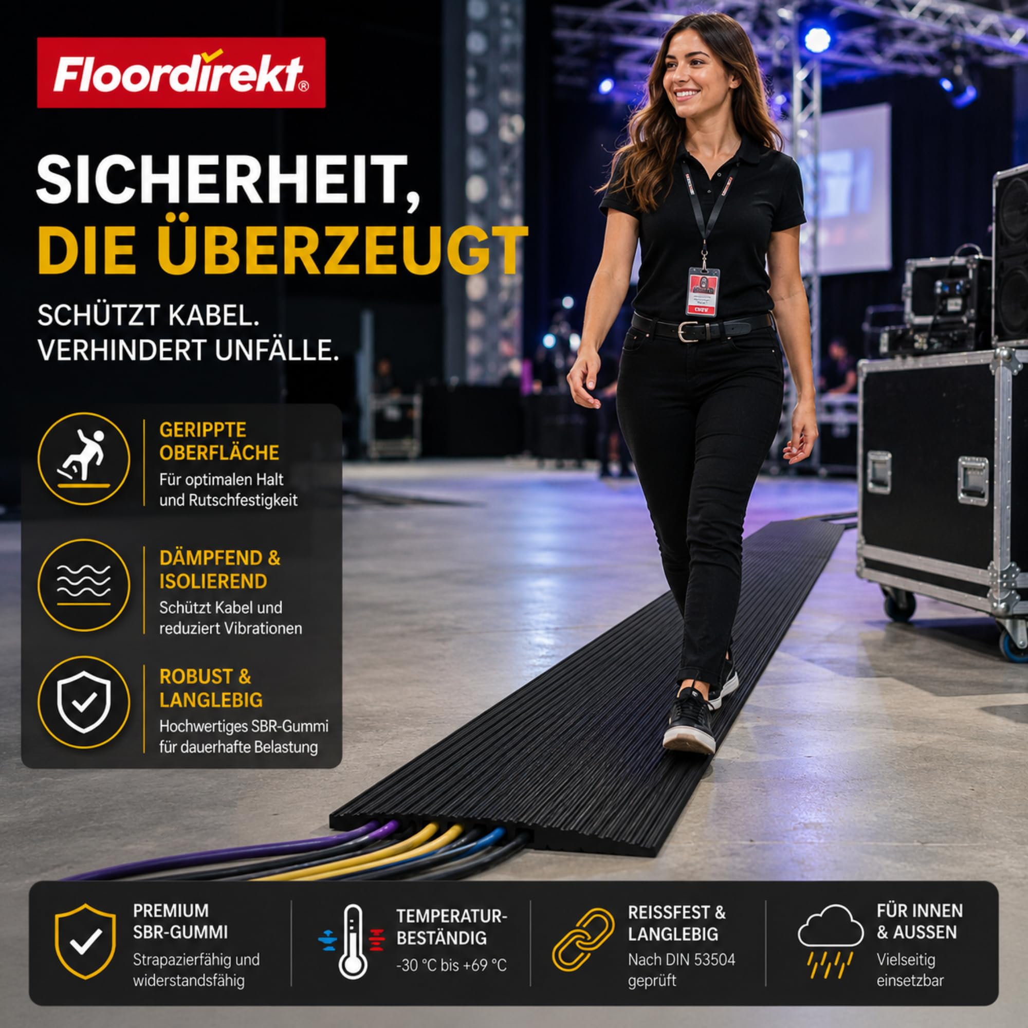 Floordirekt - Kabelschutzmatte 3 mm, Kabelmatte, Feinriefenmatte Kabelschutzmatte Outdoor kabelmatten Gummi (50cm, 5 Meter)