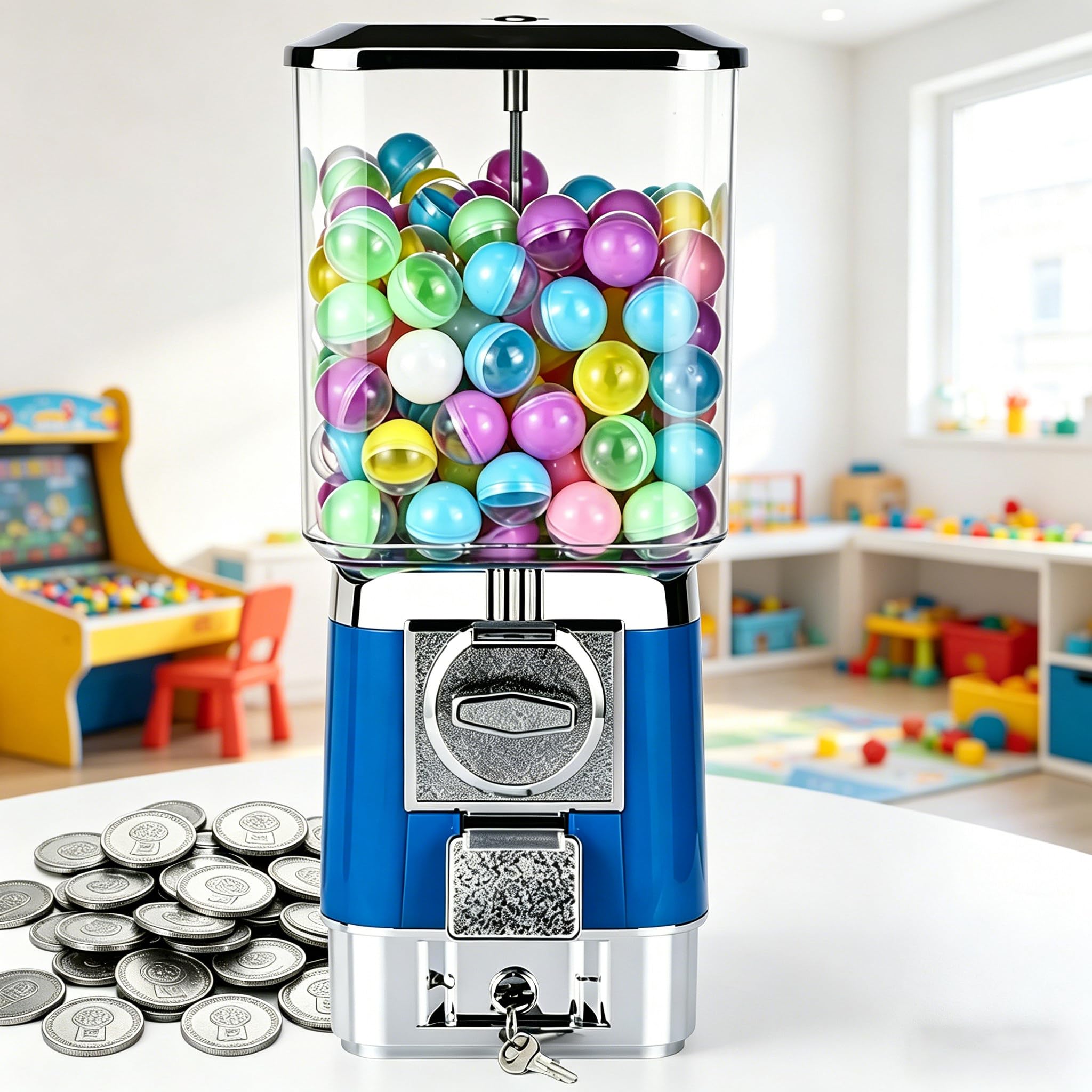 Sushangmao Gumball Machine,Candy Vending Machines, PS Bouncy Balls Dispenser, Holds 220 Pieces Of 32mm/1.26in Gacha Balls, Coin Operated Gumball Bank for Home or Game Stores blue