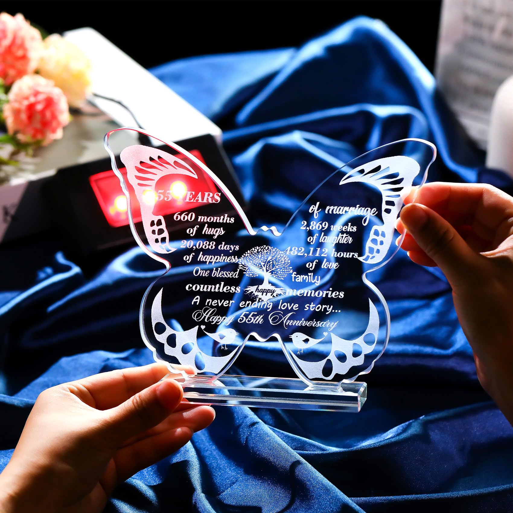 Ornalrist Happy 55th Wedding Anniversary Romantic Gifts for Couples Wife 13.6cm Glass Butterfly-shaped 55 Years of Marriage Keepsake with LED Base Ideas Presents for Parents Friends - Image 3