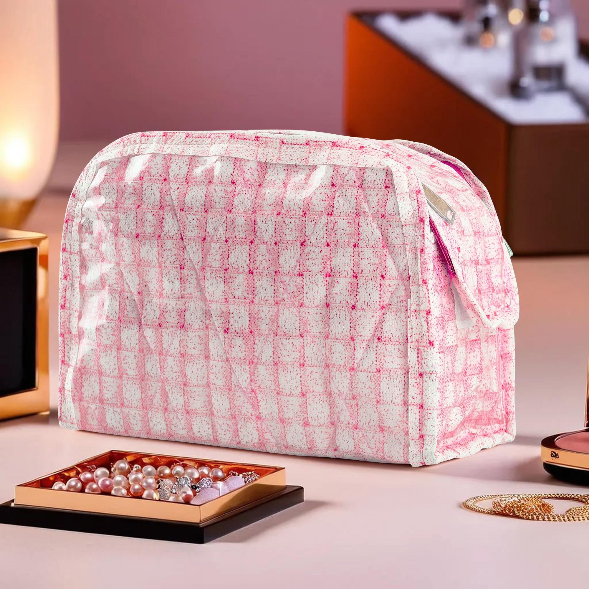 Kuber Industries Makeup Storage Bag | Vanity Box for woman | Laminated Watch Organizer | Cosmetic Storage Kit Handle | D Shape Jewellery Storage Bag | Check-Design | Pink