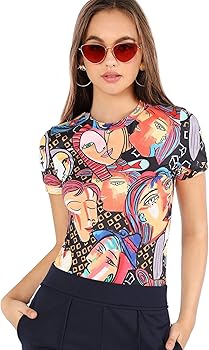SheIn Women's Casual Crew Neck Short Sleeve Fitted Graphic T-Shirt Tee Tops