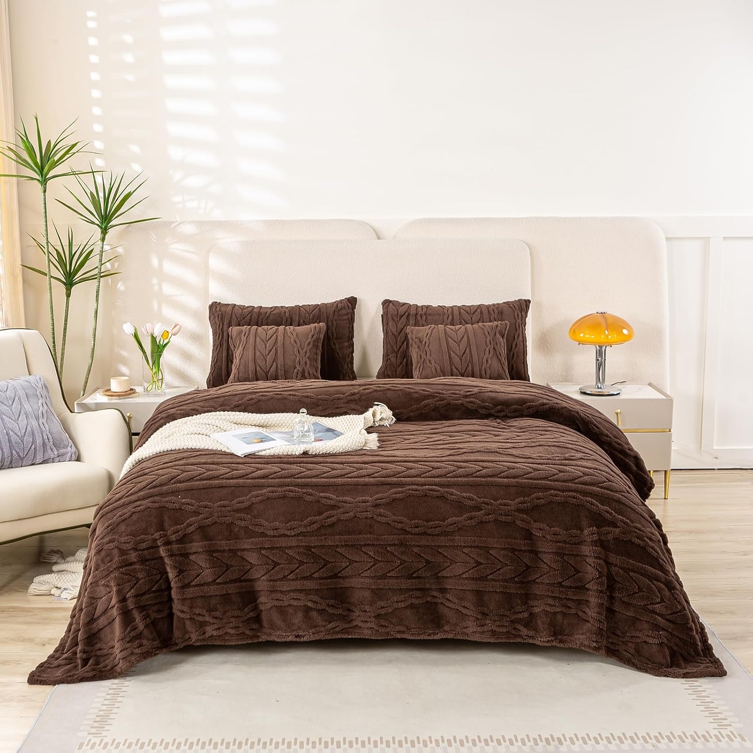 YUSOKI Sherpa Queen Size Blanket(Without Pillows)-3D Stylish Design Super Soft Blankets for Teen Girls Women Couch Bed Sofa Chair Men Boys Gift(Brown,90"x90")