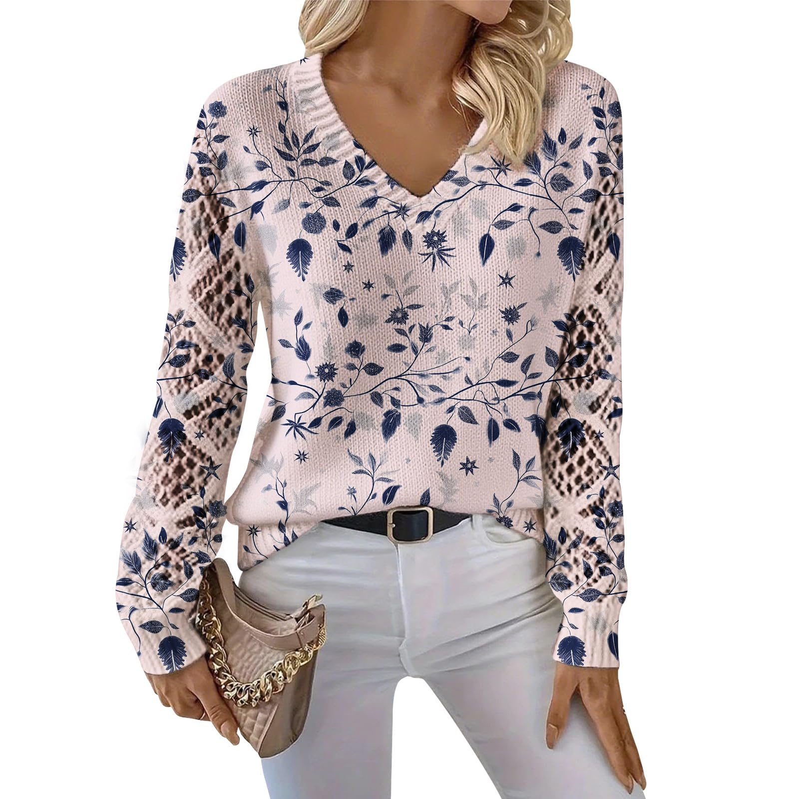 LIZALIG Womens Vintage Floral V Neck Knit Sweater Long Sleeve Pullover Soft Casual Retro Style for Work