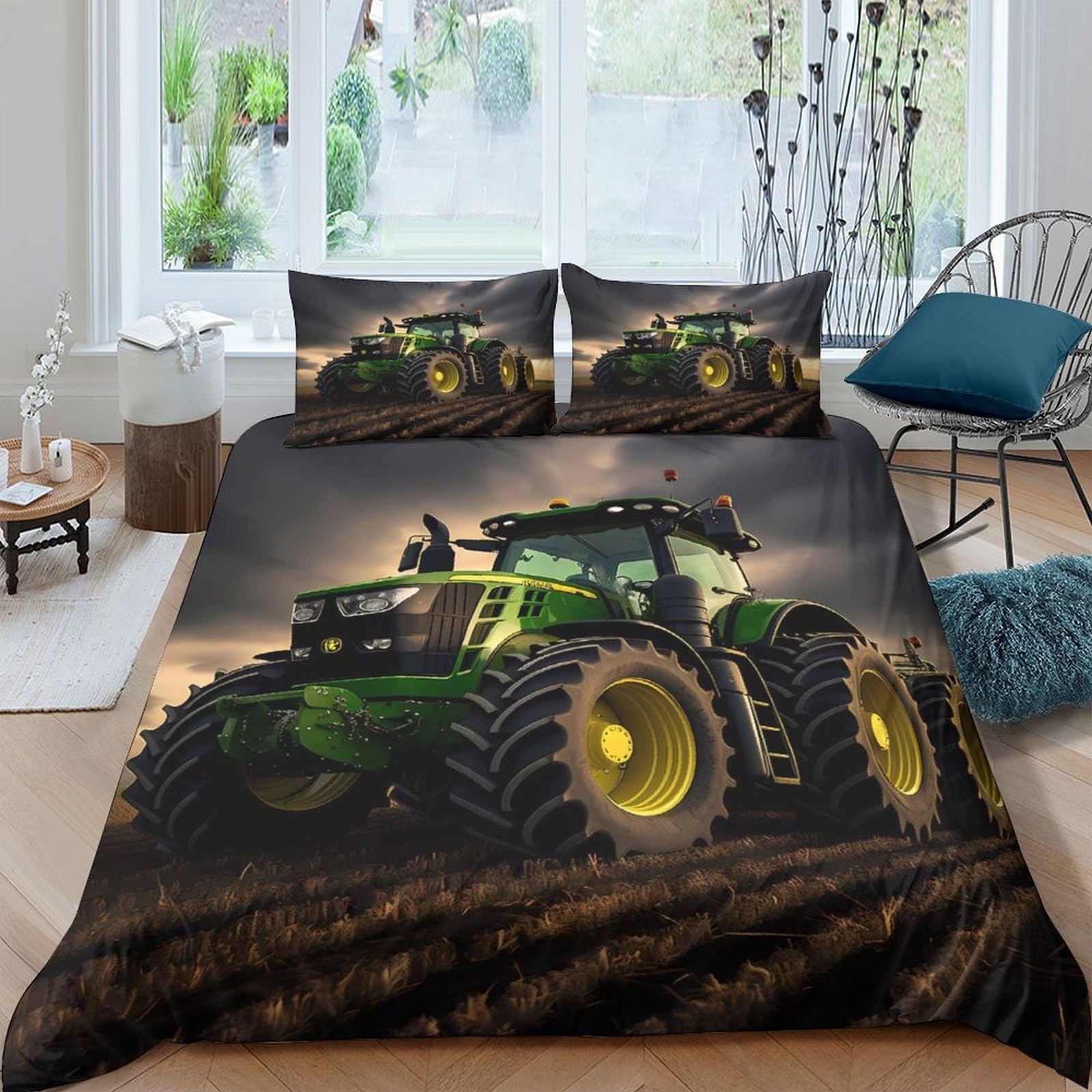 GPLZQXKJNH 3D Printed Green Tractor Duvet Cover Microfiber Soft Breathable Farm Machinery Bedding Set with 2 Pillowcases for Bedroom Decor Single（135x200cm）