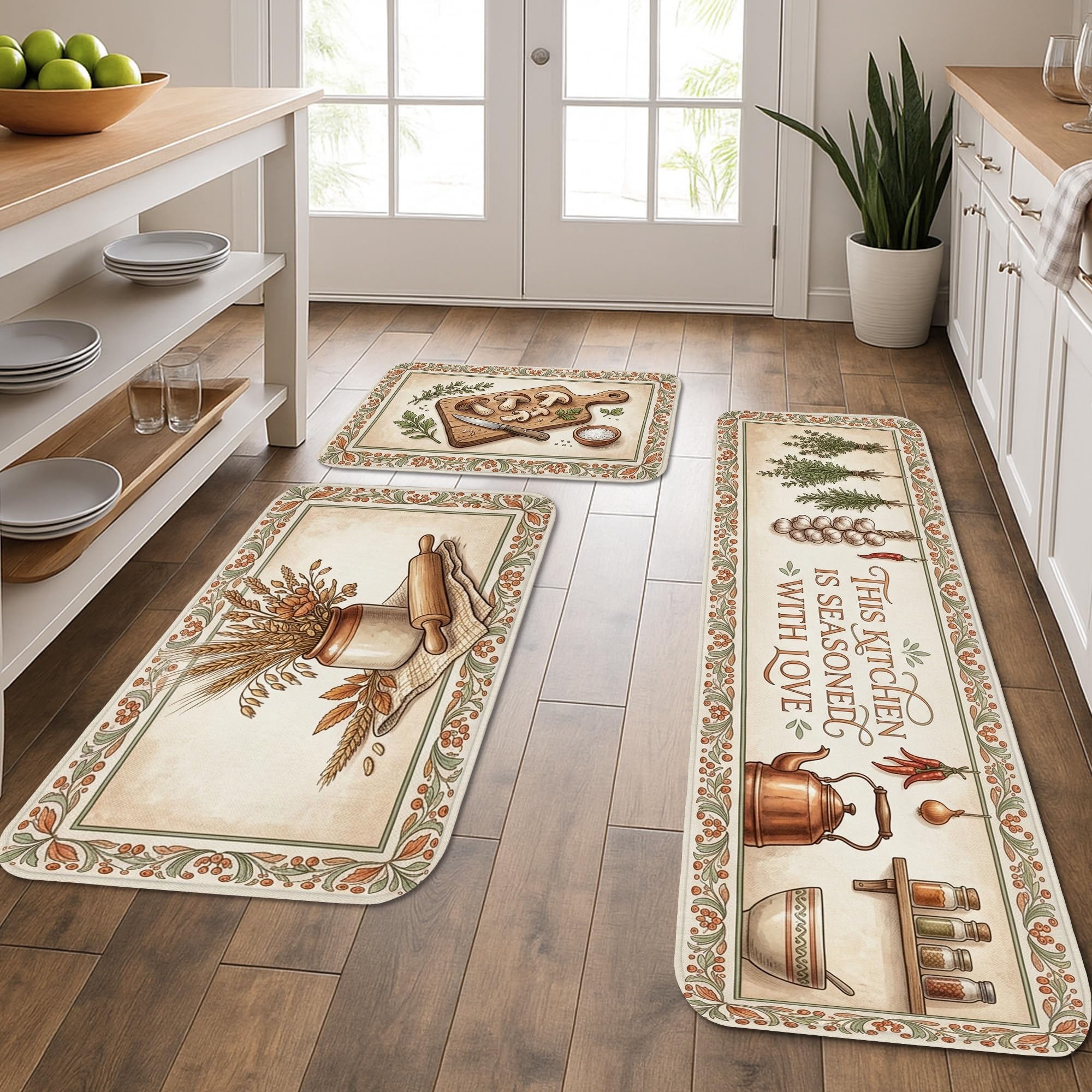 Tapis de cuisine doux lavables lot de 3 tapis de cuisine rustiques beige pour évier