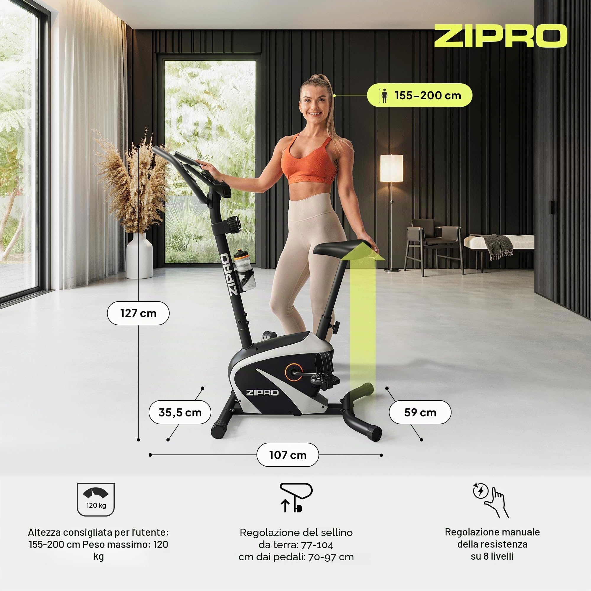Zipro Cyclette Beat, Fitness Bike Ergometrico, Trainer Magnetico per Bicicletta, Ergometro fino a 120 kg, Bici da Interno, Cyclette per Allenamenti Domestici, Batteria Operata