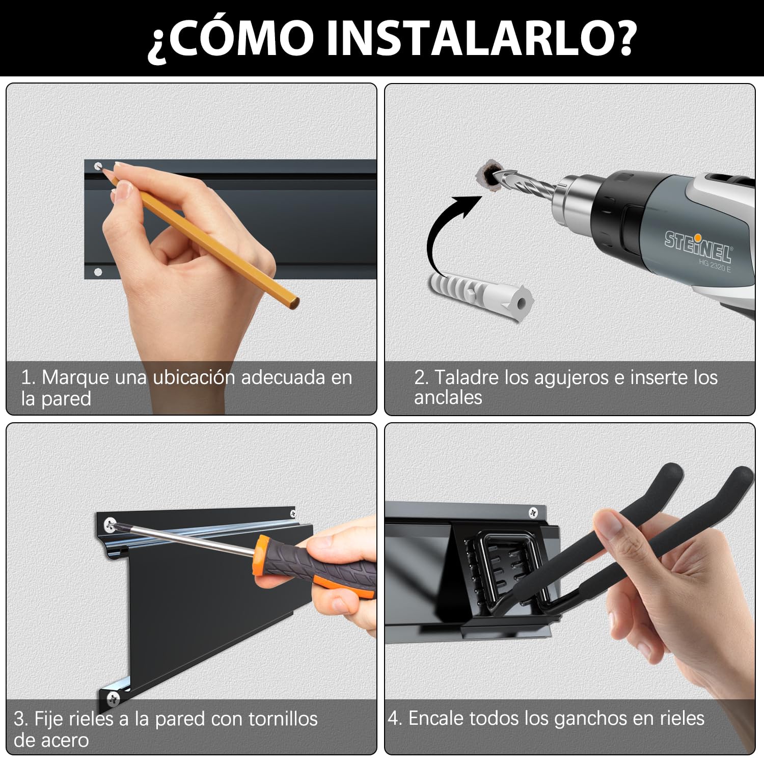 3-H 120cm Soporte Herramientas Pared,Ganchos Garaje Acero Aleado Organizador Herramientas Pared con 14 Ganchos,3 Rieles Deslizables,4 Correas para Esquí Silla Manguera Garaje Jardín