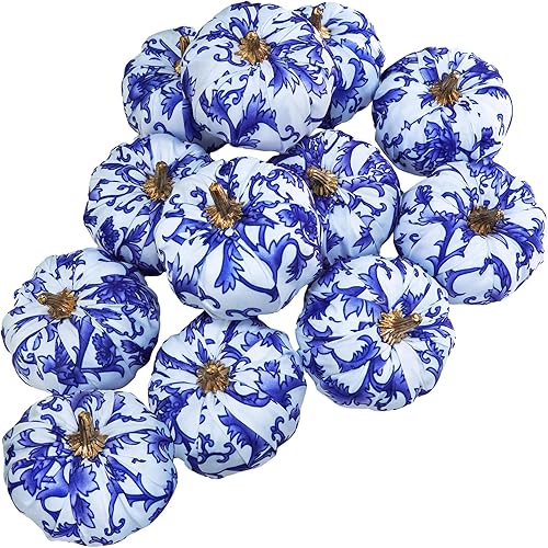 Winlyn 12 calabazas decorativas de tela pequeña en azul y blanco, chinoiserie chic, calabazas de espuma de 3 pulgadas para regalos, otoño, boda, disponible en Yaxa Costa Rica
